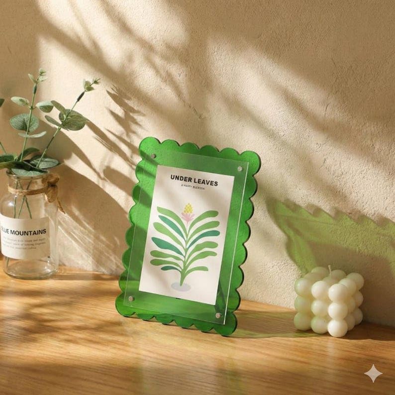 Wavy Acrylic Photo Frame with Scalloped Edge, Neon Color Y2K Aesthetic, Modern Desk Display for Cards, Prints, Polaroids (Emerald green,4X6)