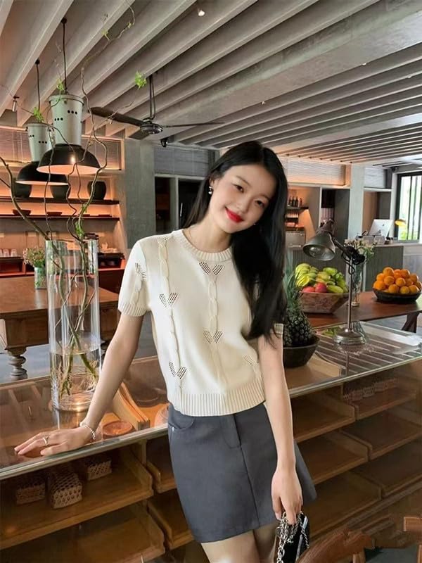 ICW Women's Ribbed Knitted Short-Sleeve Crew Neck Hollow Out Self Design Crop Top T-Shirt DN65 (in, Alpha, XS, Regular, White)