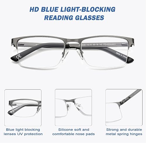 Miniatura 3 de EYECEDAR Paquete de 5 lentes de lectura para hombre, bloqueo de luz azul, medio marco de metal, bisagras de resorte gris plomizo, lectores 1.5