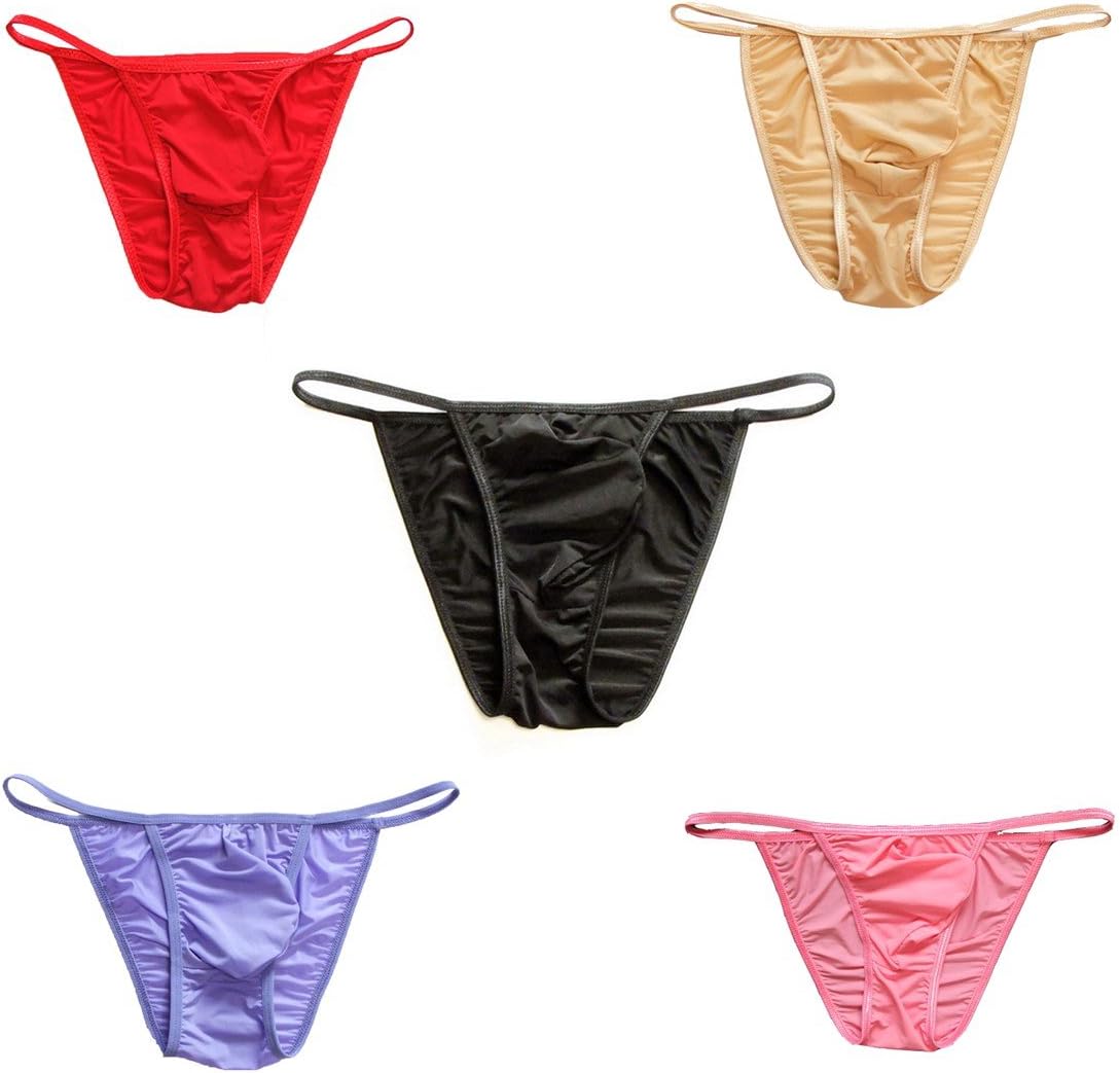 MlovewMen Comfortable Silky Bugle Pouch Tanga Briefs Strings Bikini Underwear M fit Waist 28-34 inches 5-Pack Mixed Color B