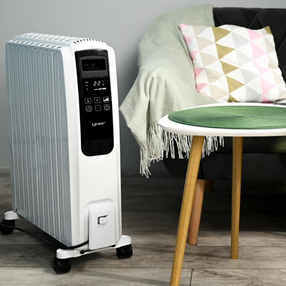 Yoer Inferno OFR1025W, Elektryczny grzejnik olejowy, 2500W, Efekt komina, Wi-Fi, Pilot, 10 żeberek, Kółka, Nawijacz na przewód, biały