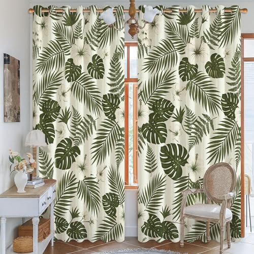 Cortinas opacas de helecho, diseño de hojas tropicales, color verde, sin arrugas, para oscurecer la habitación, decoración de ventana de oficina, 52 x 84 pulgadas