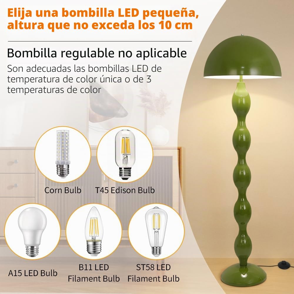 Lampara de Pie Salon,Lámpara de Pie LED Verde en Forma de Seta,Lampara de Pie Lectura Moderna para Dormitorio con Interruptor de Pedal,Lámpara de Esquina de 150 cm para Decoración del Hogar