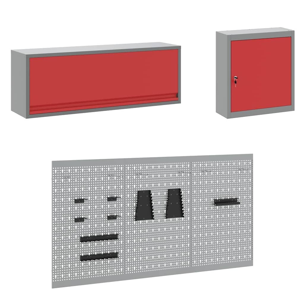 Zestaw szafek roboczych z szufladami w kolorze czerwonym ze stali malowanej proszkowo i materiału drewnopochodnego 150 x 55 x 200 cm 8-częściowy ze stołem warsztatowym, szafka na narzędzia