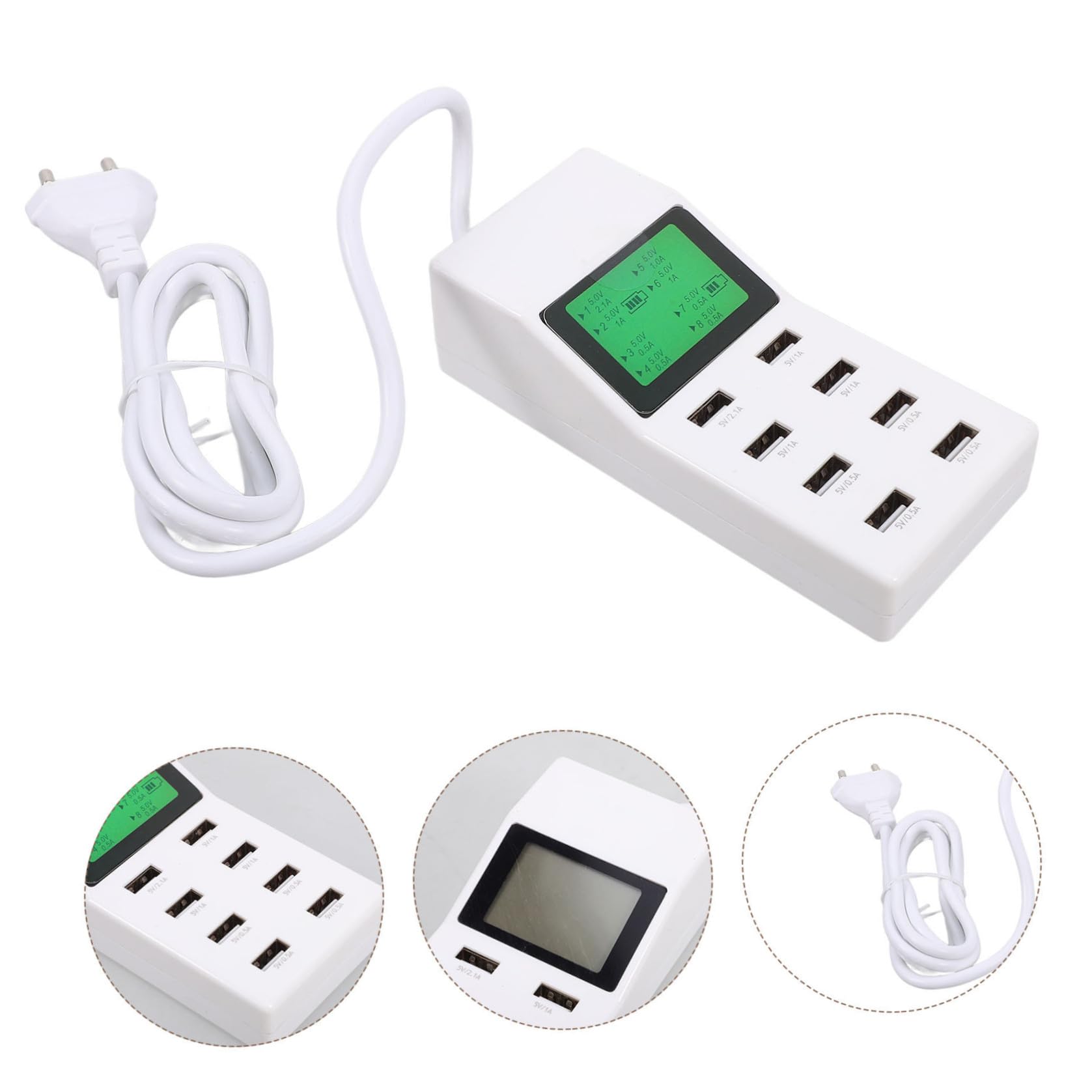 Caricabatterie USB Multiporta 8 Porte con Display Lcd, Stazione di Ricarica Intelligente Smart Ic, Protezione Sovraccarico per Smartphone e Tablet, per Casa, Ufficio e Viaggi