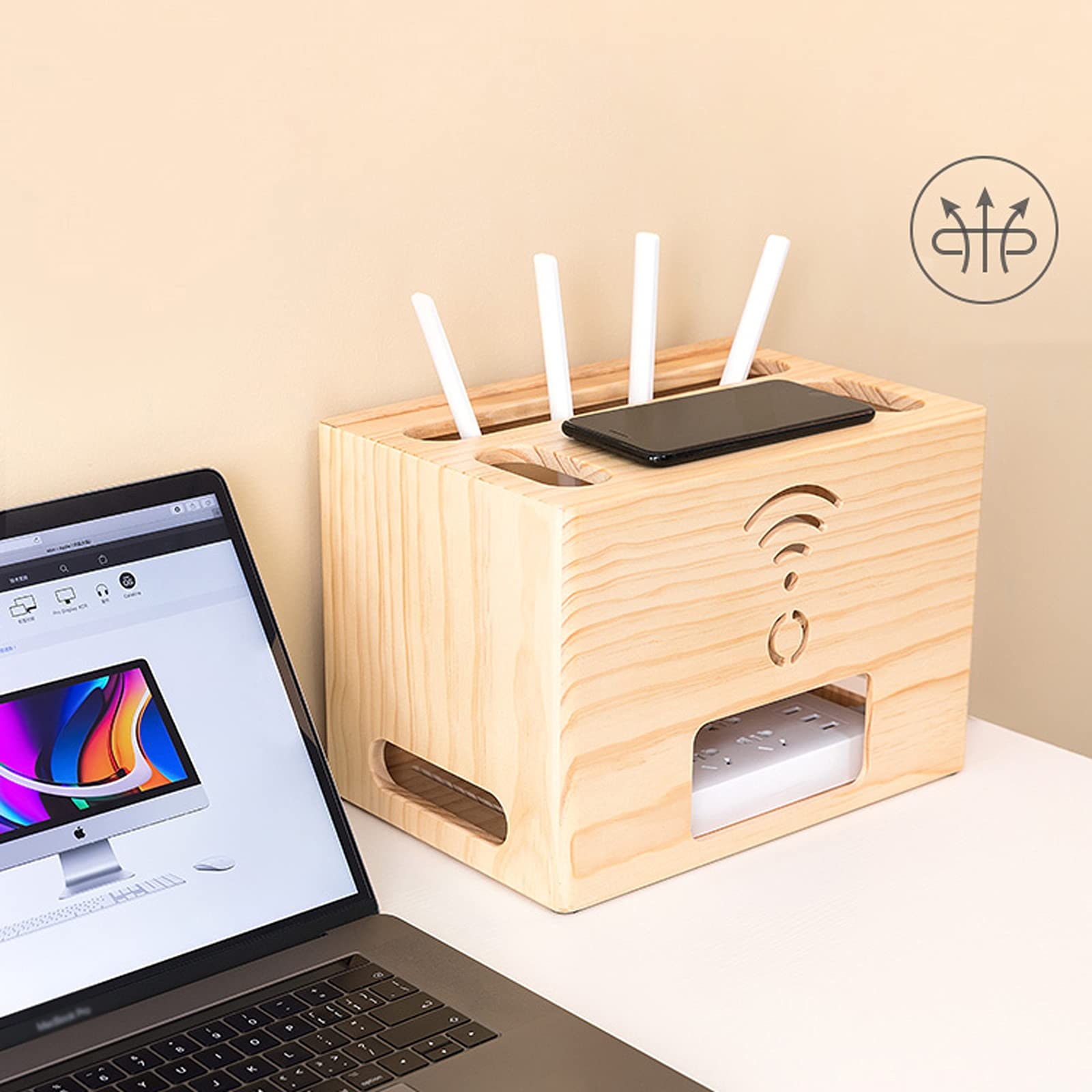 Organizadora de Cables Caja de cable de madera Caja de cable inalámbrica Rack Home Office Power Strip Box de almacenamiento Caja de administración de cables de doble capa, Ocultar cables y PowerStrips