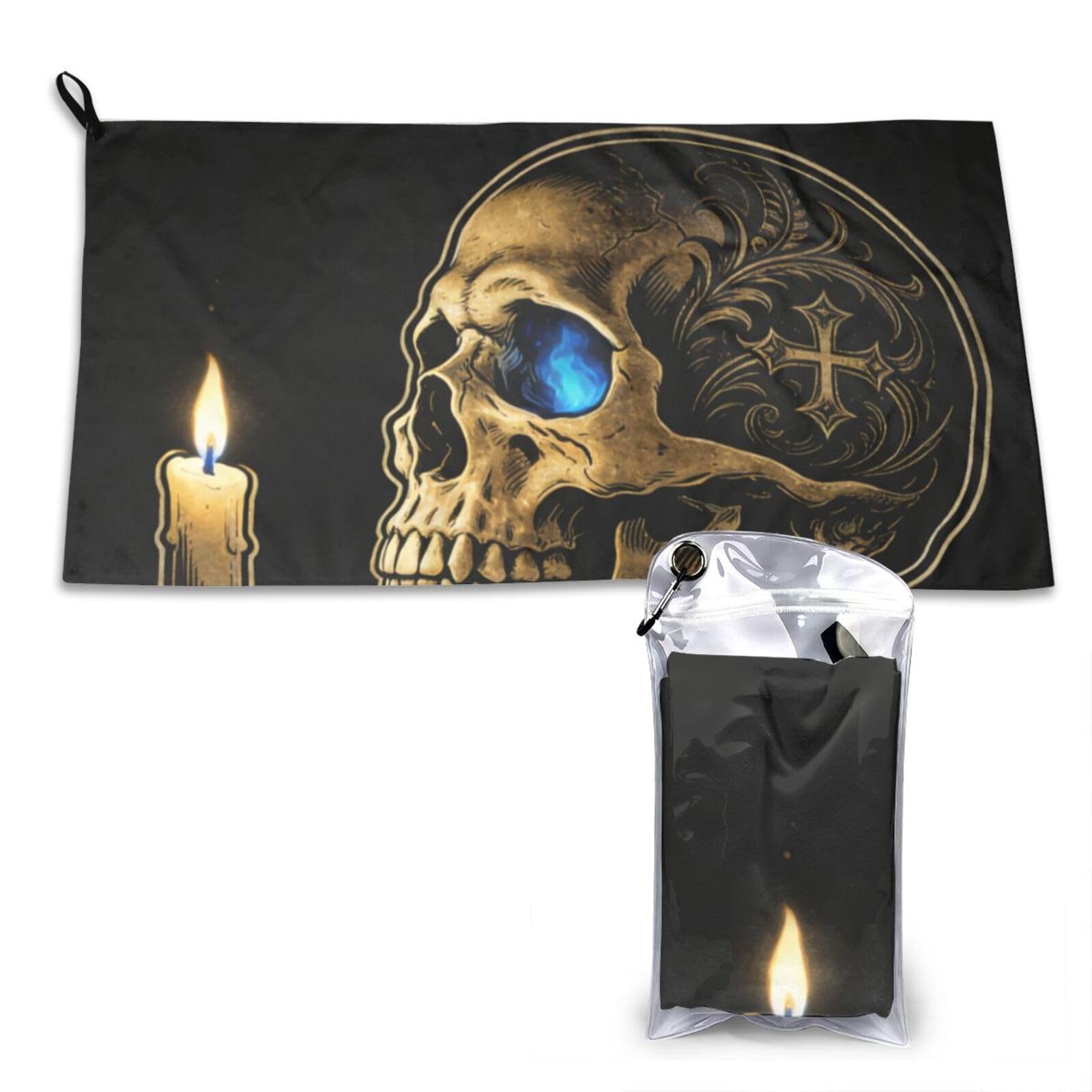 Skull with Blue Flame & Candle Print Quick Dry Towel 16x31.5in White