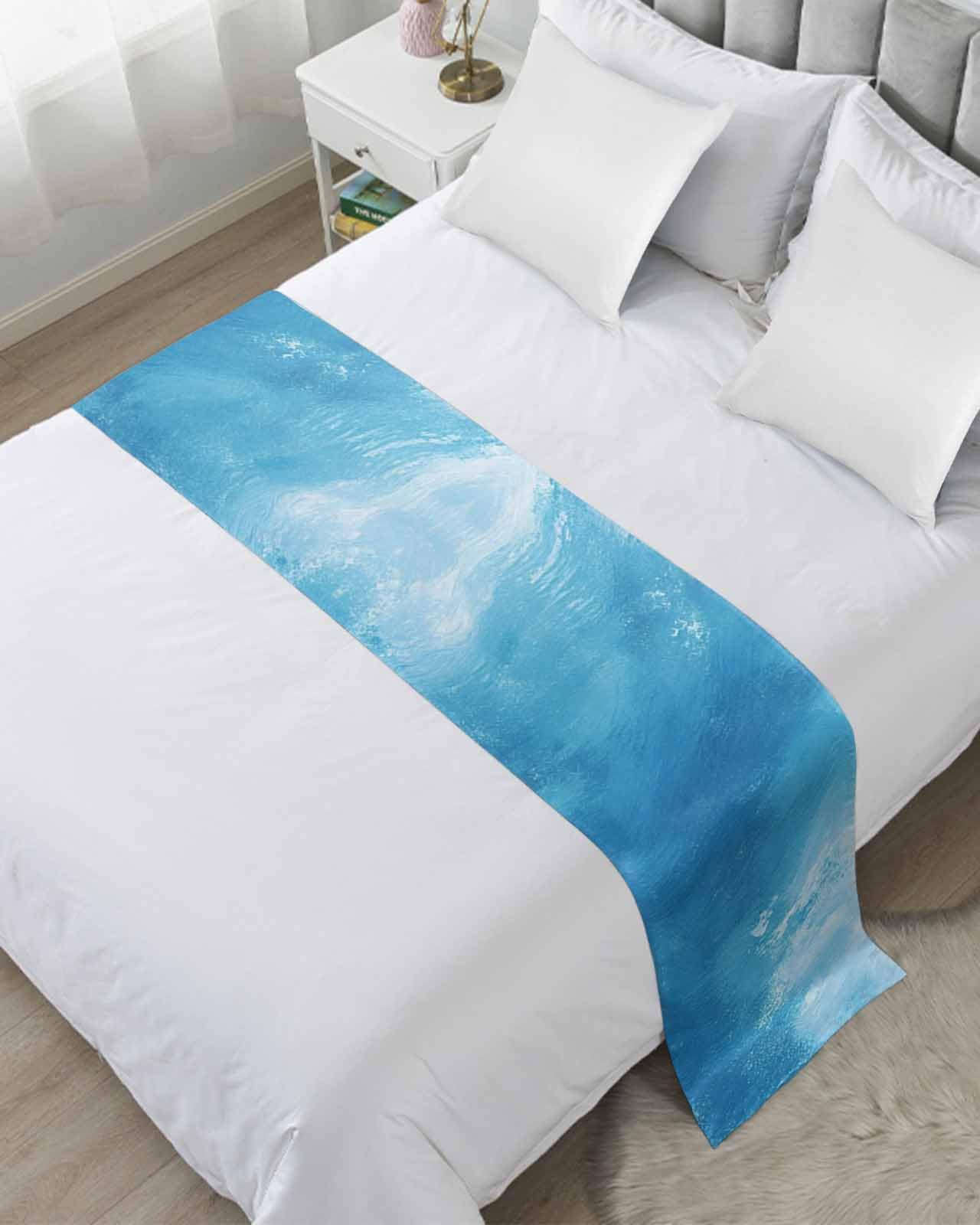 DecorLovee Blue Coastal Wave Bed Runners for Twin Size Bed, Decorative Bed Throws for Foot of Bed, Summer Oil Painting Ocean Bed Runner Sofa Throw Bedding Scarf Protector Slipcover for Bedroom/Hotel