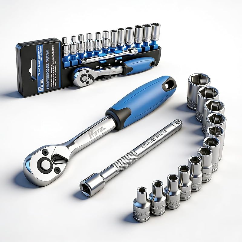 Kit de Soquetes e Chave Catraca PTSTEL com Encaixe de 6,35 mm, 72 Dentes e Extensão, Aço CR-V, 14 Peças