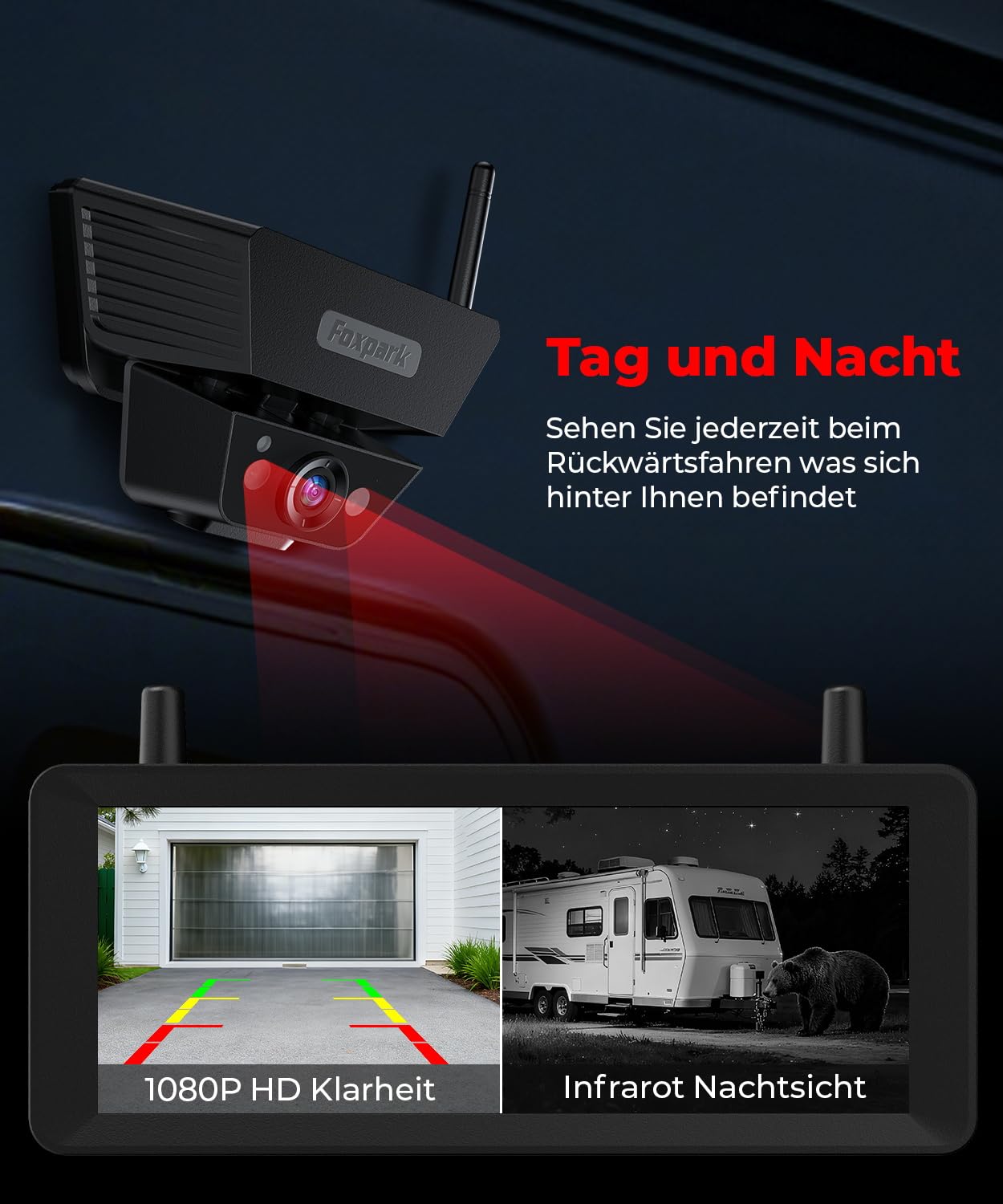 Zwei Solar Rückfahrkamera Kabellose Magnet 7,2 Zoll 1080P Dual Channel Monitor DVR Aufnahme Dual Rückfahrkameras Wohnmobil Camper Anhänger