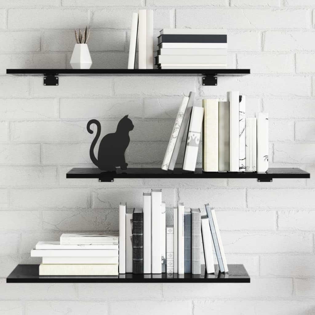 Regał na książki 8 szt. czarny wysoki połysk z materiału drewnopochodnego 80 x 30 x 1,5 cm do systemu regałowego, regał ścienny, regał stojący, możliwość rozszerzenia, przechowywanie bez