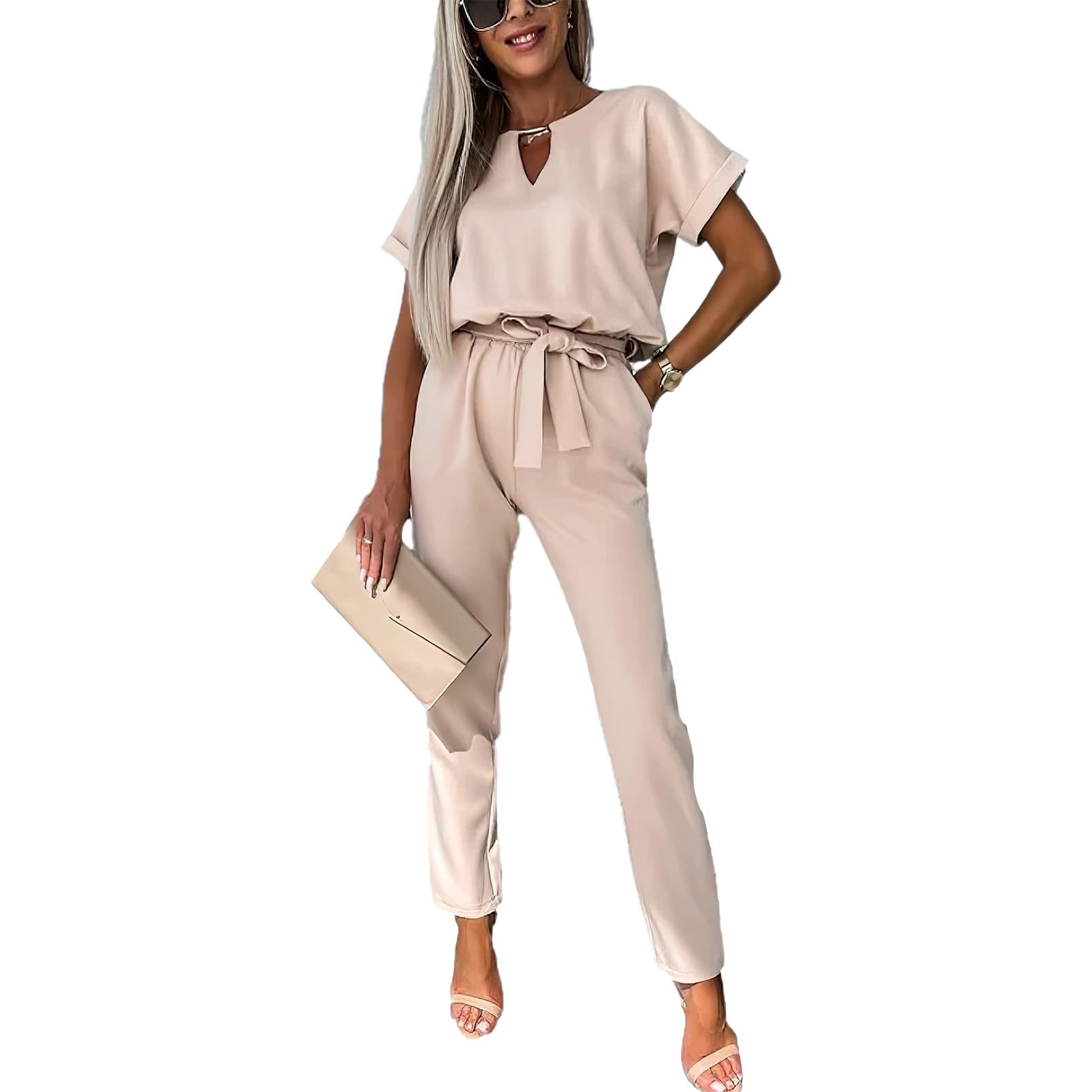 amropi Jumpsuit Damen Elegant Kurzarm Playsuit V-Ausschnitt Casual Lose Overalls Lang Romper