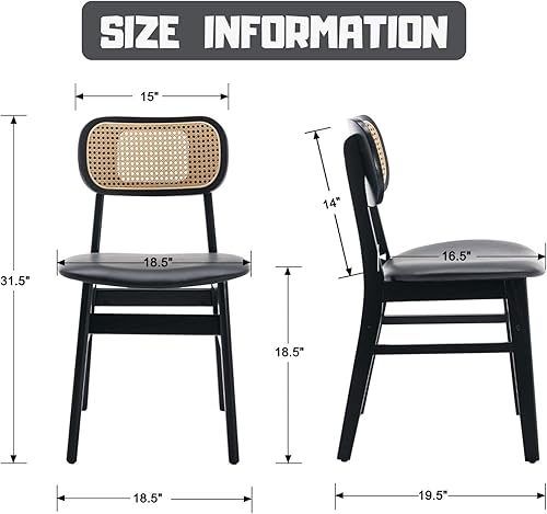 Miniatura 2 de Juego de 2 sillas de comedor negras de piel sintética con respaldo de ratán, sillas de cocina de granja, sillas laterales de madera