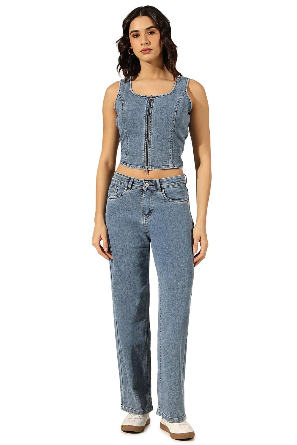 Edition Women's Blue Denim Zip-Front Top & Jeans Co-Ord Set-LT-11048_Blue_XL-image-1