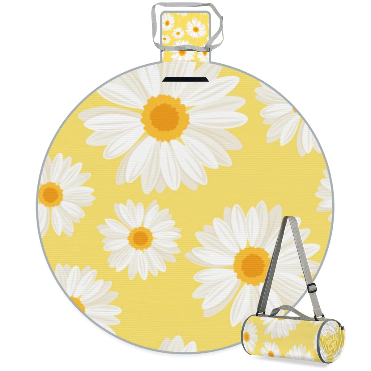 Shimoshe Yellow Background Daisies Picnic Outdoor Blanket Foldable Waterproof Sandproof Beach Blanket Portable Water-Resistant Round Picnic Mat for Travel Camping Park Lawn