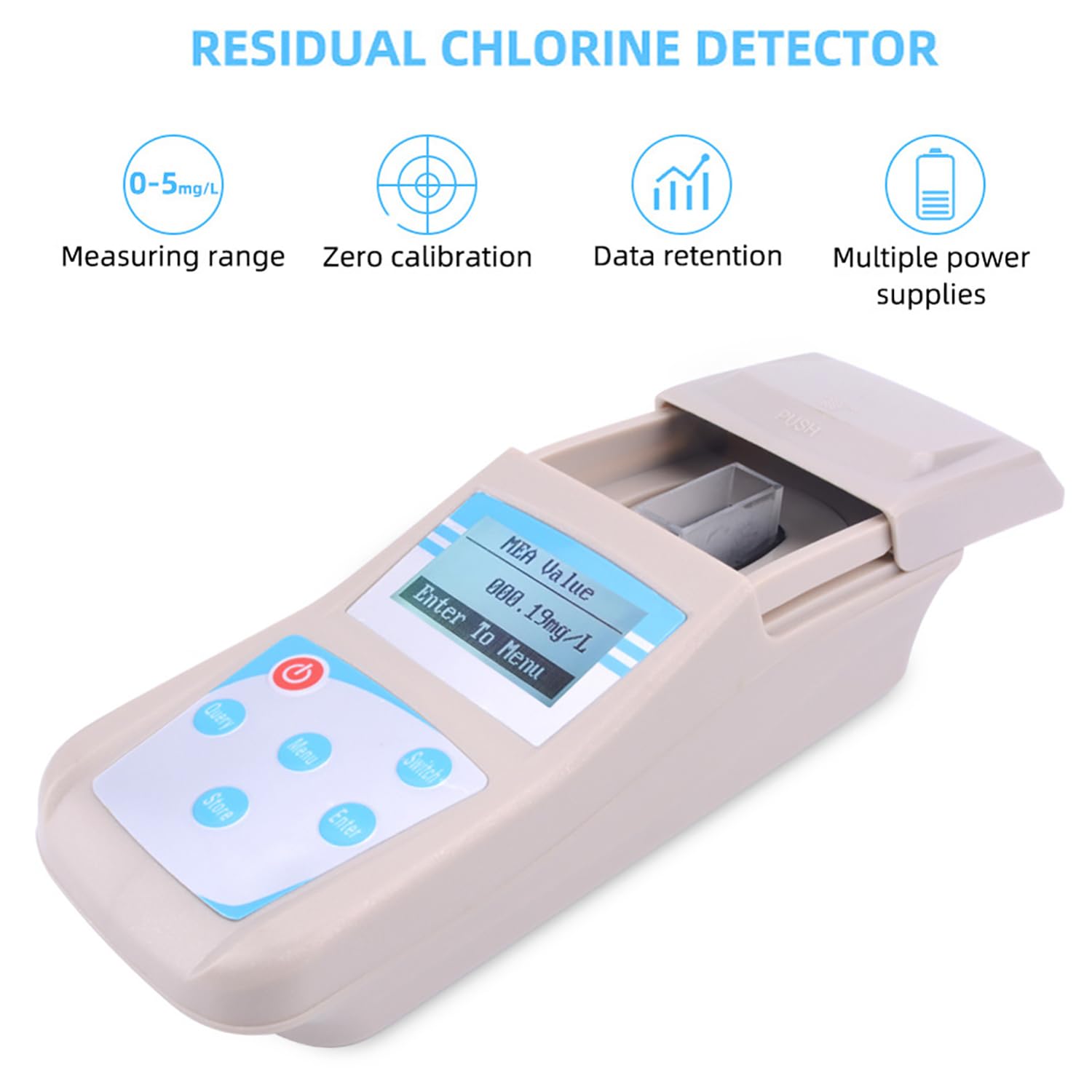Detektor pozostałego chloru, tester jakości wody 0-5,00 mg/l, pomiar zawartości pH E Cl2, z walizką, 10 danych, do basenu, centrum spa