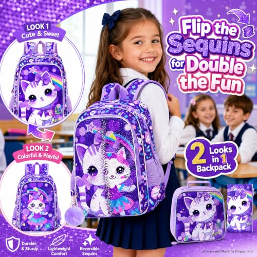 Image of CCJPX 16 inch Cat Backpack for Girls, 3Pcs Kids Preschool Bookbag, Cute Water Sequin Resistant School Bag for Teen Kindergarten Toddler (Purple)
