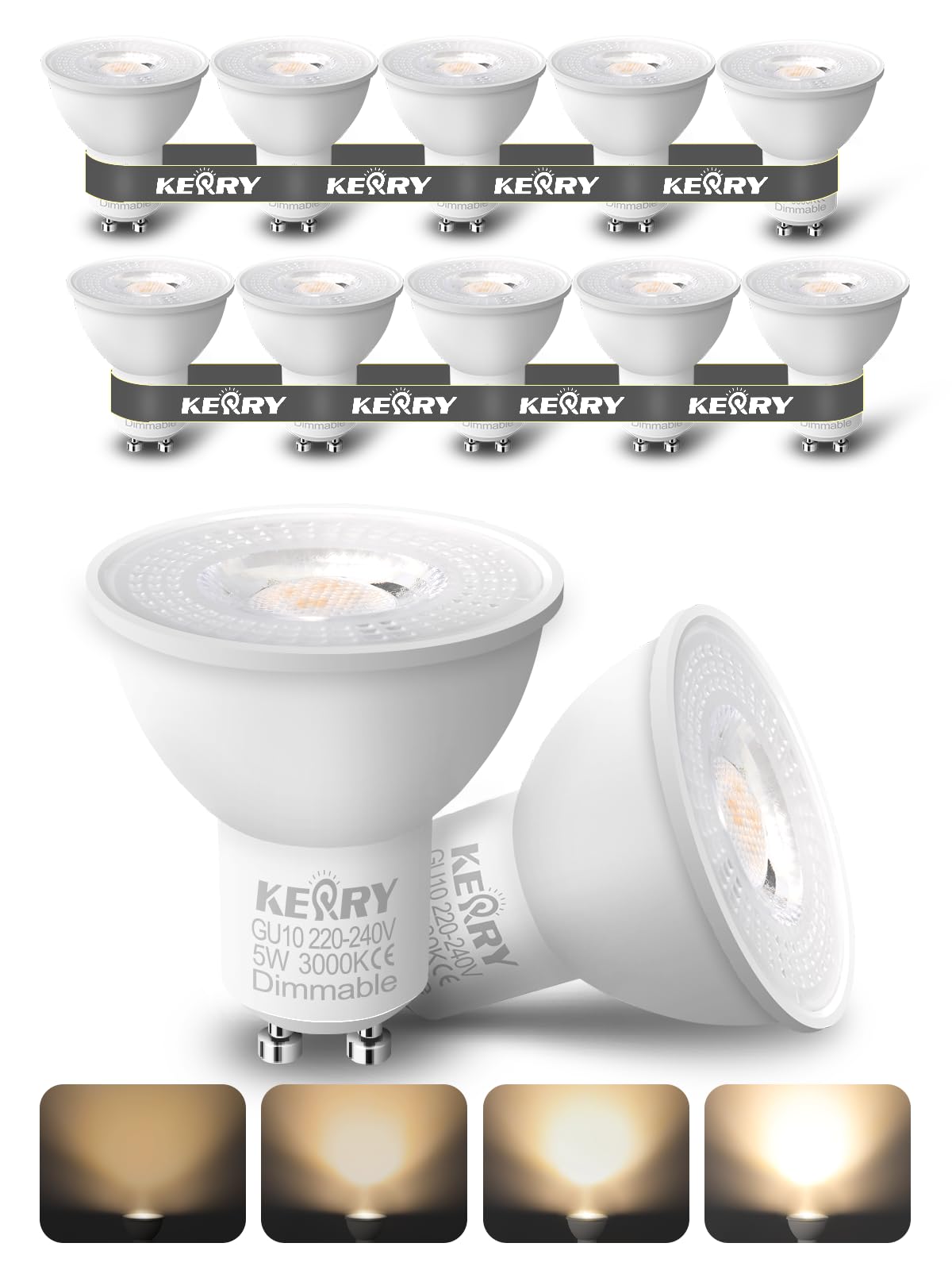 Kerry GU10 Spotlights LED Bulb, 5W 400LM Warm White 3000K, 50W Halogen Equivalent, No Flicking, Energy Saving, 220-240V, 38° Beam Angle, Dimmable - 10 Pack