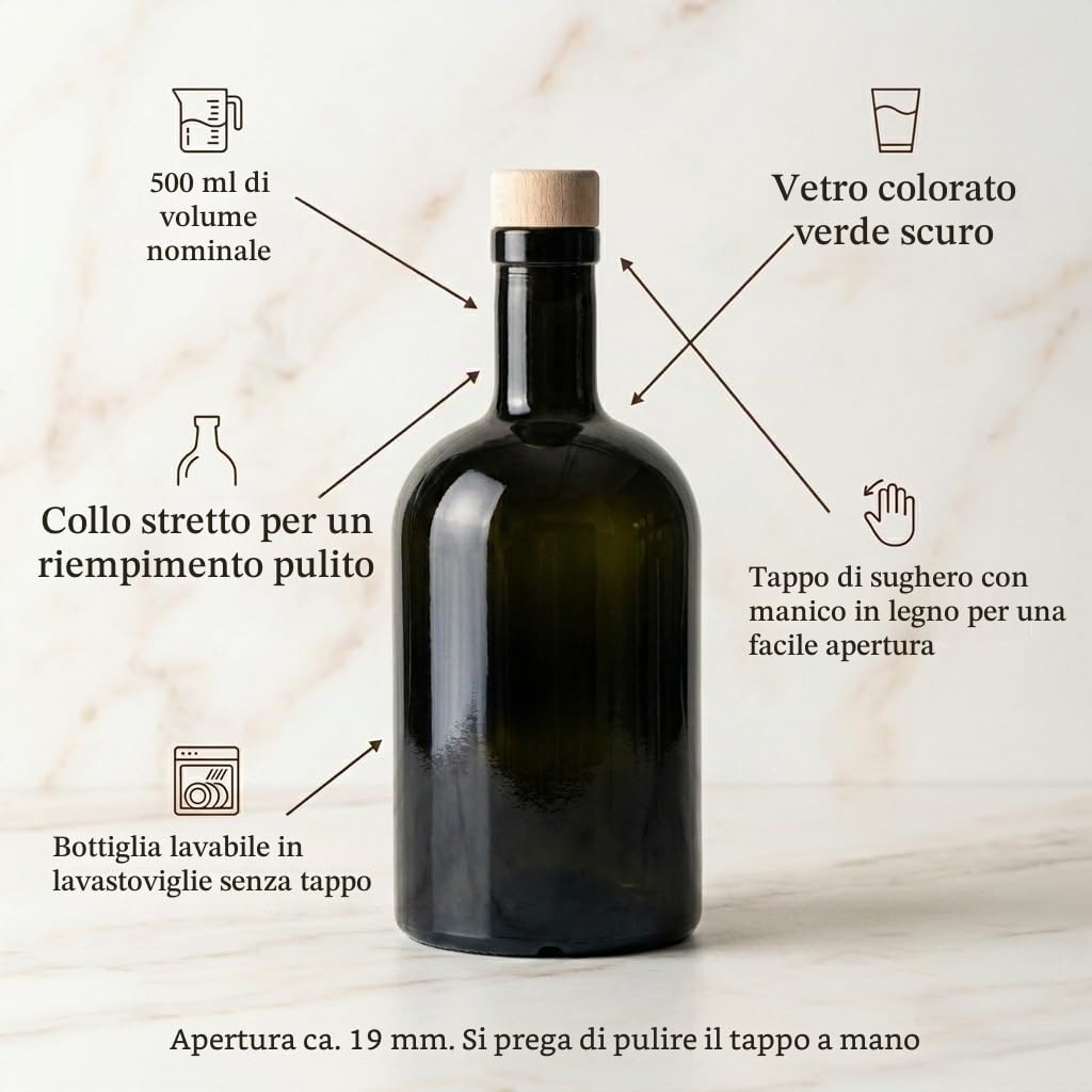 gouveo Set 12 bottiglie in vetro 500 ml classiche antiche con tappo in sughero (HGK) - bottiglia vuota 0,5 l in vetro per riempimento - bottiglia in vetro per liquore, gin, olio, aceto (KFA500HGK)
