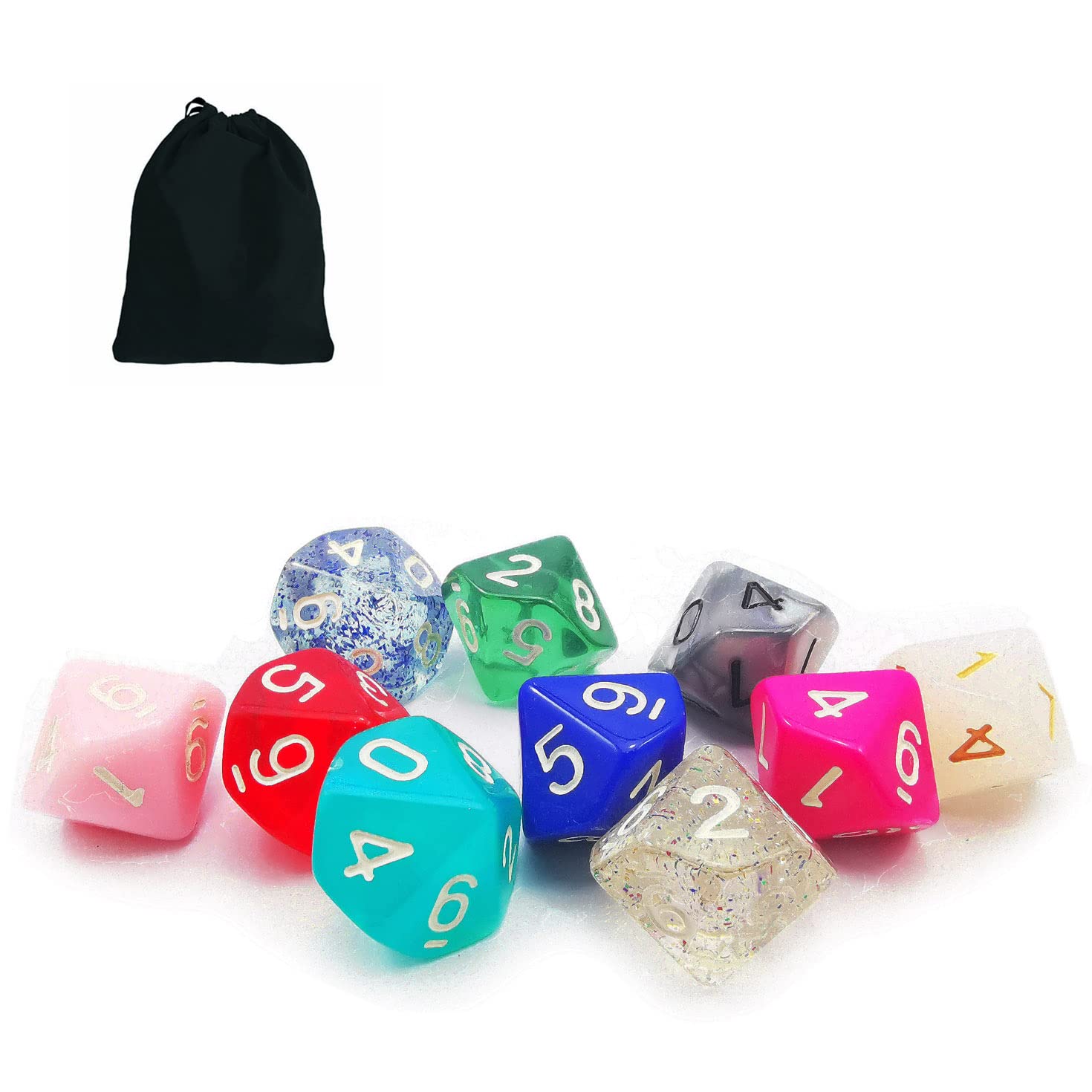 Bescon 10pcs Set of 10 Sided Dice (number 0-9), 10 Count Assorted Random Multi Effected&Colored Pack of D10 in Drawstring Pouch - Image 3