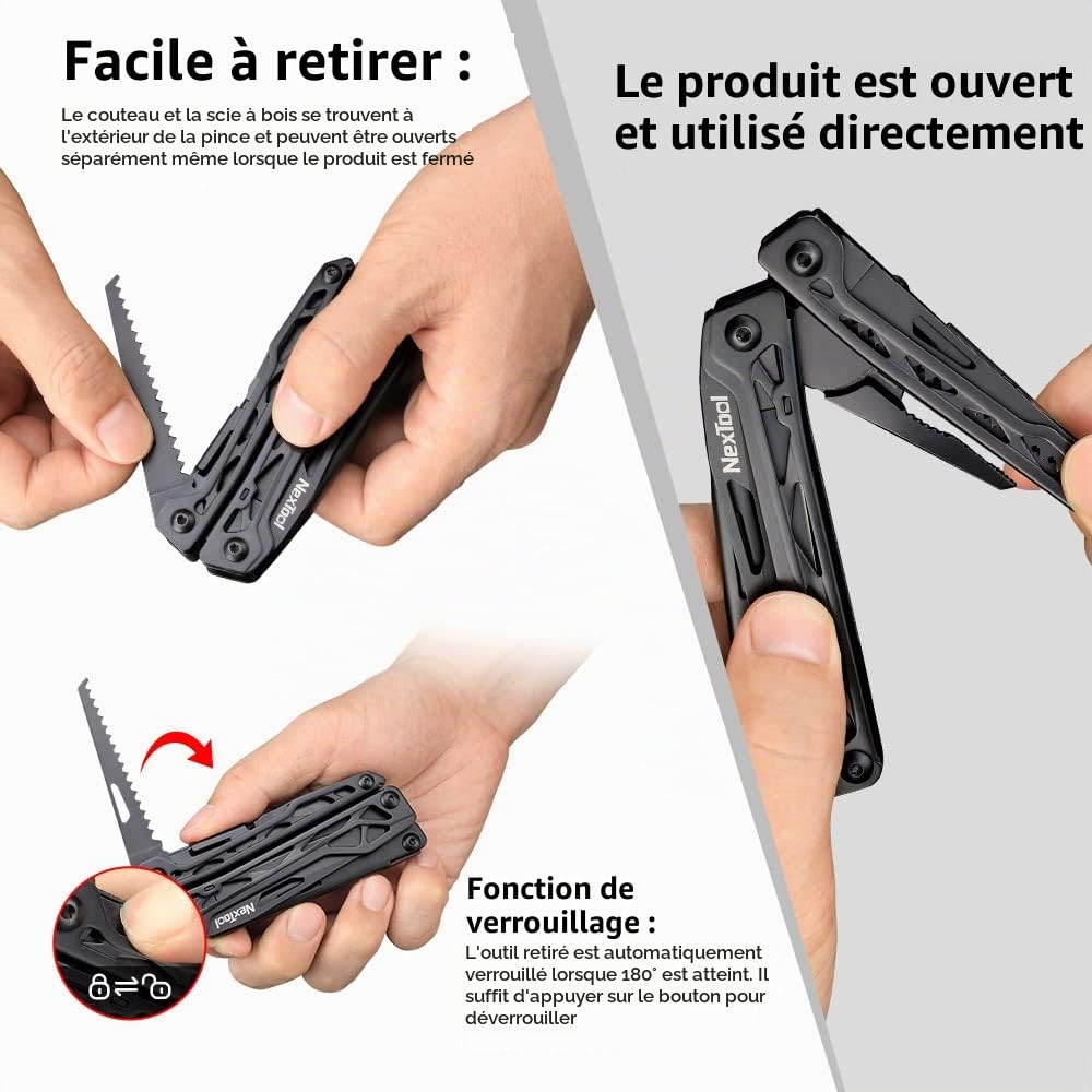 NexTool Multitool, Outil Multitool 11 EN 1, Acier inoxydable pliable, Outil multifonctionnel avec couteau, ciseaux, décapsuleur et scie à bois, 9 embouts de tournevis, Sac en nylon