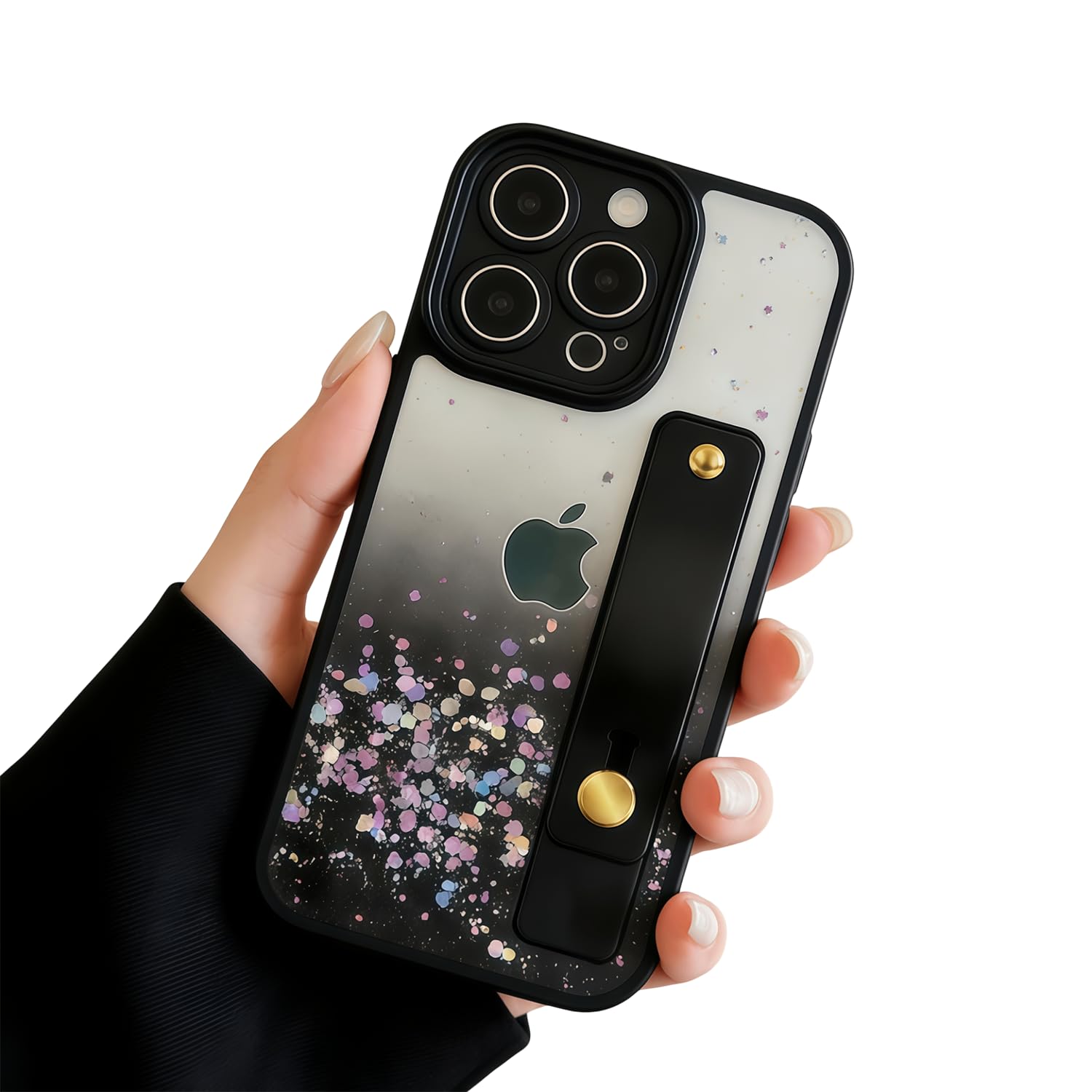 siduater Strap Case for 6.7" iPhone 15 Pro Max with Wristband Kickstand, Bling Glitter Sparkle Clear Cover Soft TPU Bumper Adjustable Hand Grip Loop