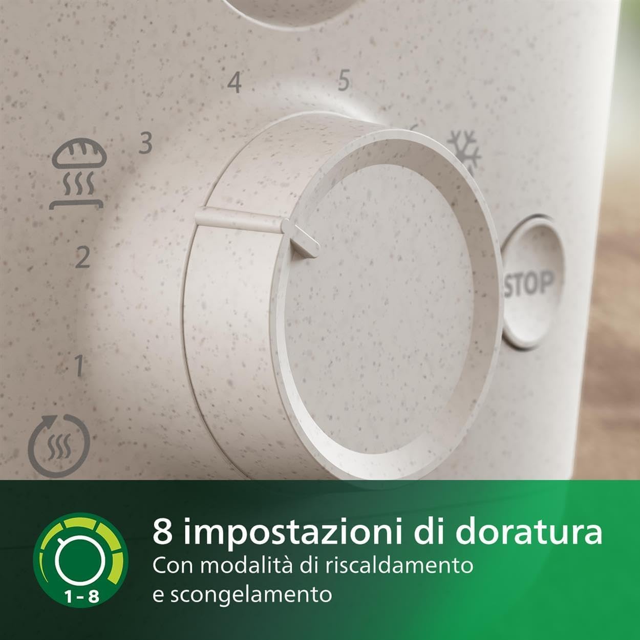 Philips Tostapane Eco Conscious, Plastica Bio al 100%, 8 Livelli di Doratura, Scaldapanini Integrato, Raccoglibriciole Rimovibile, Crema (HD2640/10)