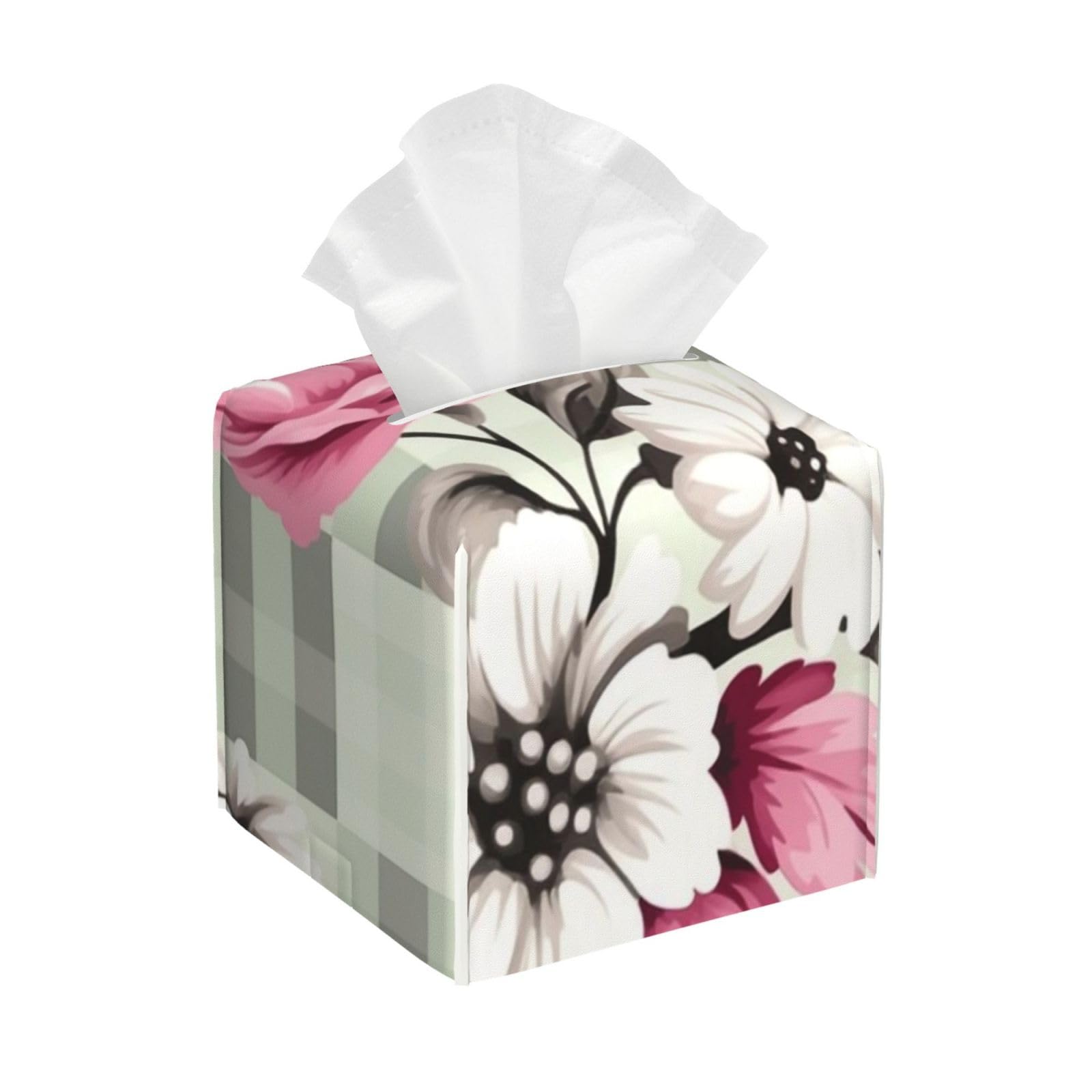 Flower Gingham Pattern Tissue Box Cover 5" Square Leather Tissue Holder Facial Tissue Case for Tabletop Bedroom Bathroom Desk Decor