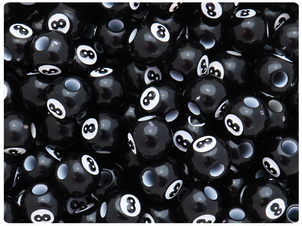 BeadTin Black Opaque 12mm Round Pony Beads - Billiard 8 Ball Design (48pcs)