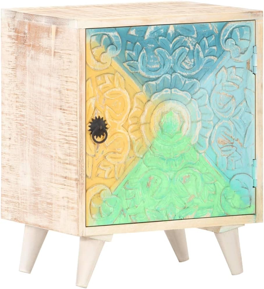 vidaXL Solid Acacia Wood Carved Bedside Cabinet Bedside Table Nightstand Telephone Stand Storage Home Decor Interior Wooden Side Bed Furniture