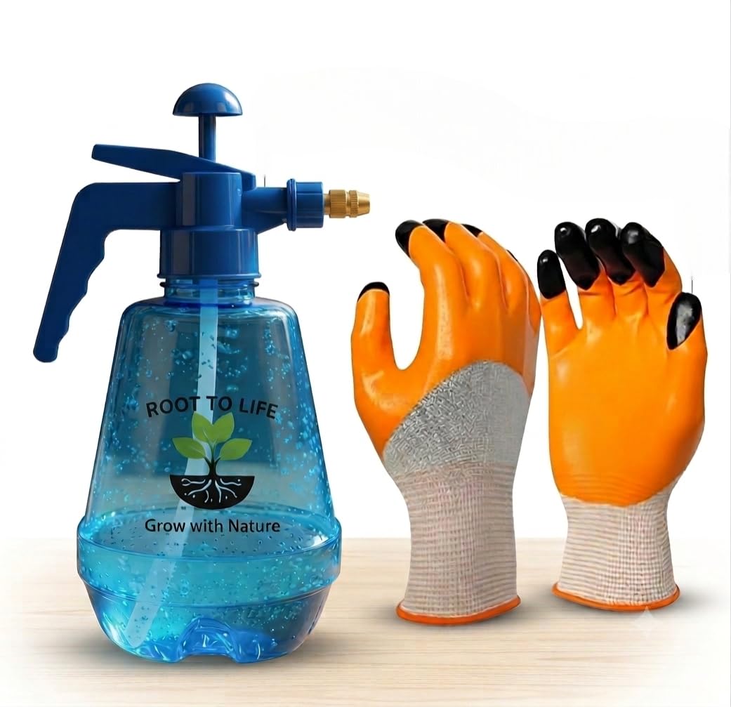 Gardening Combo Set – 1.5L Transparent Blue Hand Pressure Sprayer Pump Bottle with Adjustable Brass Nozzle & 1 Pair Protective Garden Gloves with Fingertip Digging Claws |-image-10
