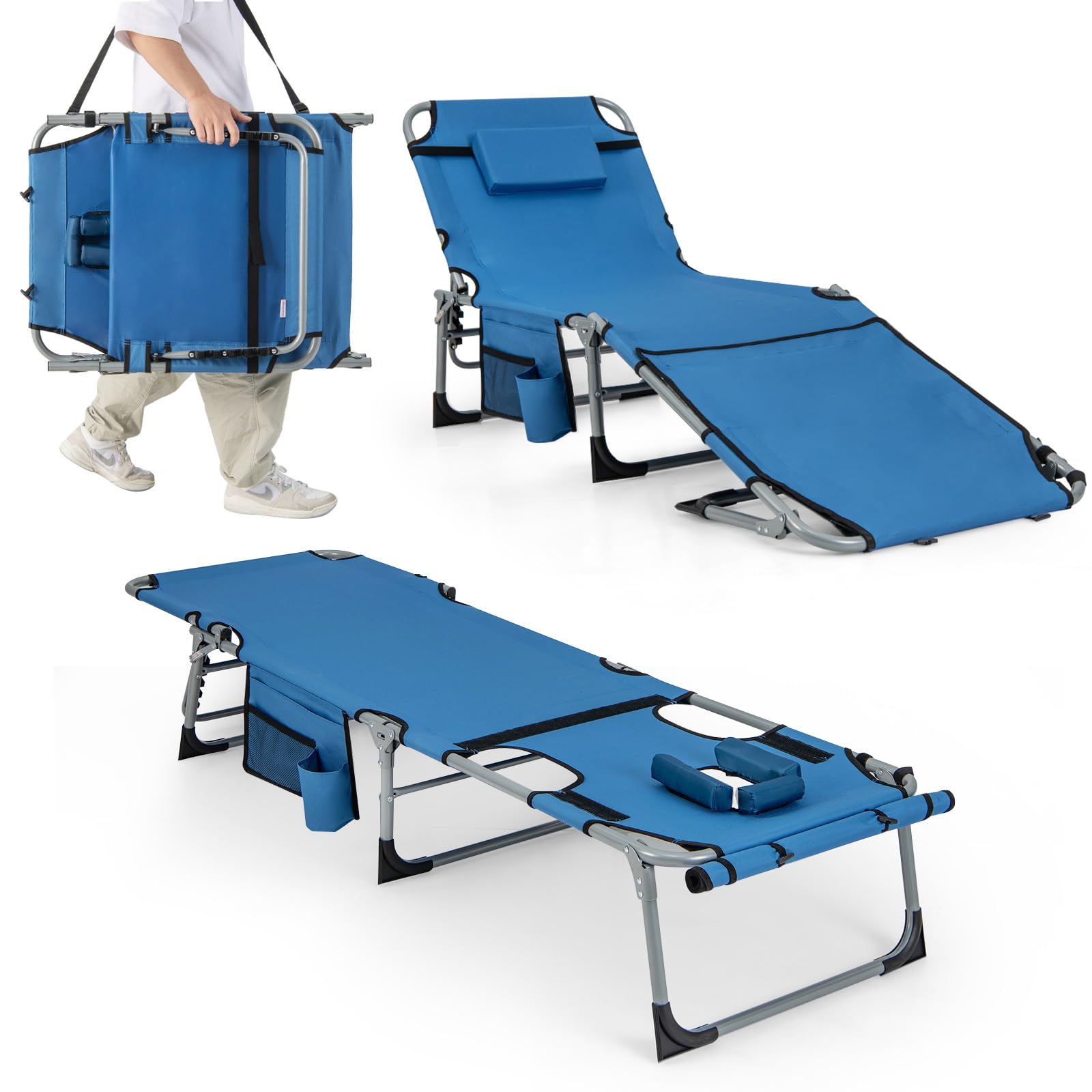 COSTWAY 1/2 Tumbonas Jardin Exterior, Tumbona Plegable con 5 Posiciones de Respaldo, Reposapiés Ajustable, Orificio, Almohada Extraíble, Tumbona Playa Piscina Jardin (1, Azul)