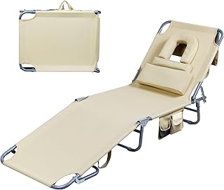Levede Tanning Chair with Face Hole,Folding Beach Lounge Chair Face Down w/ 5-Level Adjustable Backrest & 3 Removable Pill...