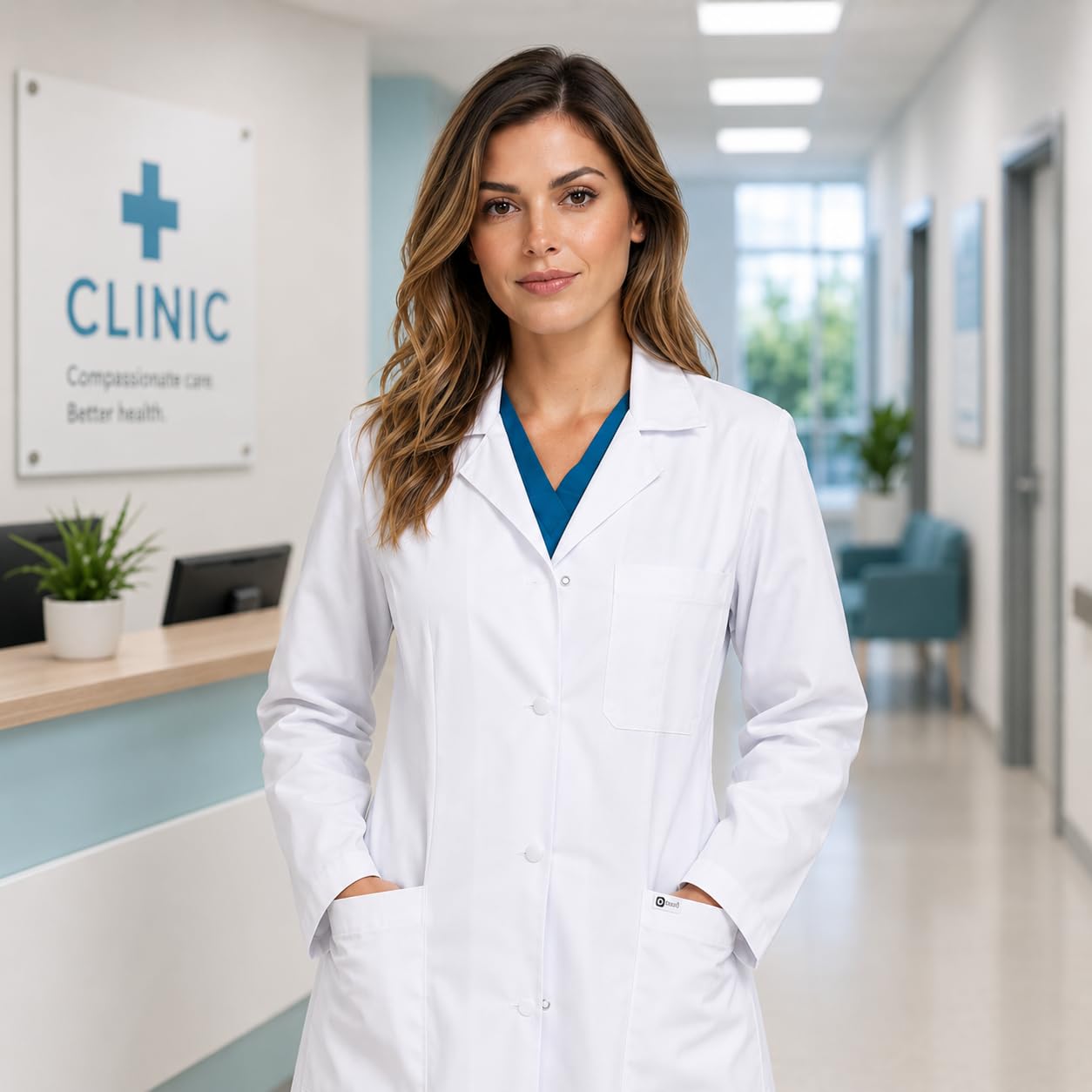 B-well Valeria profesjonalny fartuch damski z kołnierzem z odwracanym kołnierzem Valeria, damski fartuch laboratoryjny, z kołnierzem z klapą, długimi rękawami, 3 kieszeniami i ukrytym mocowaniem z