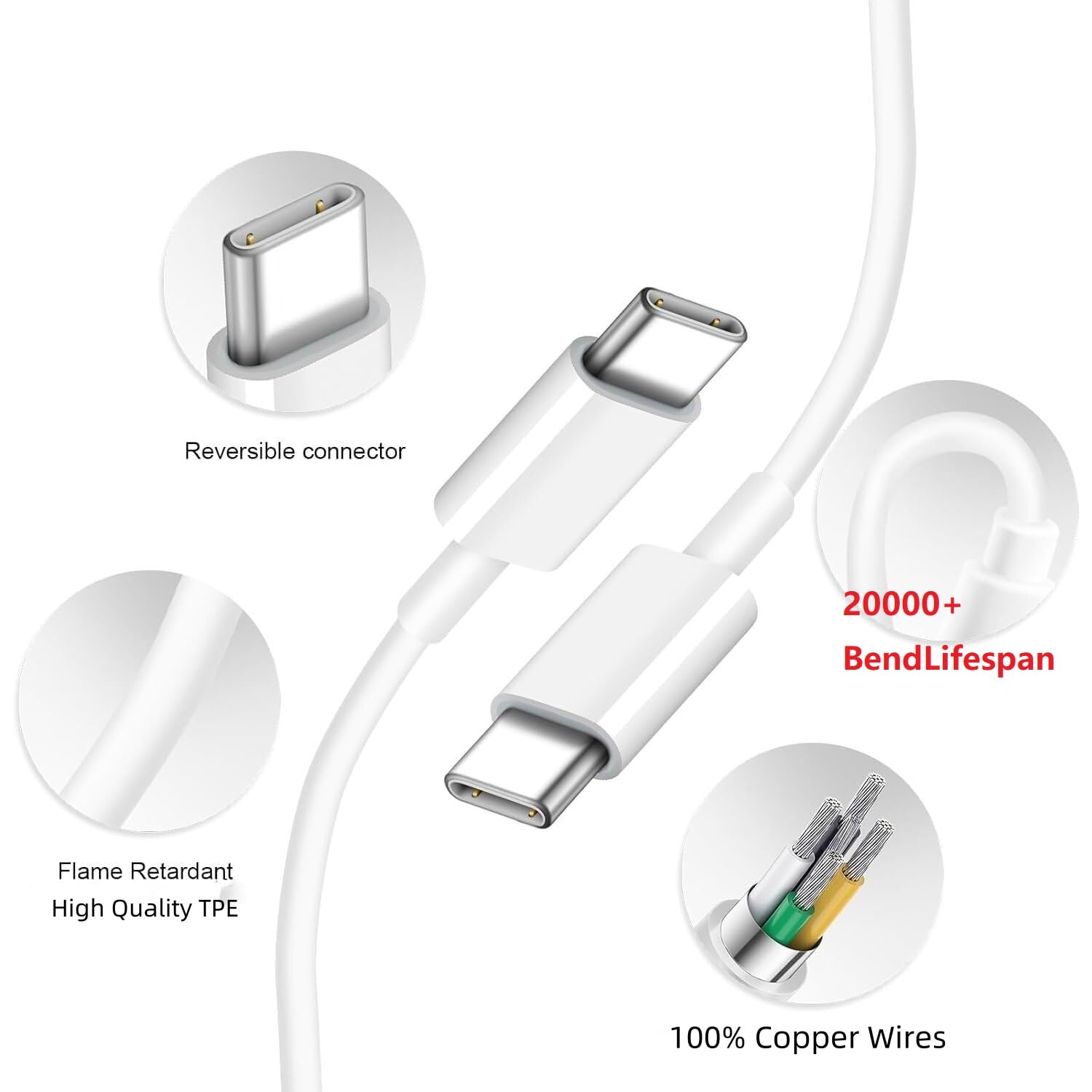 Cable USB C a USB C, cable USB C de carga rápida de 60 W, cable USB-C a USB-C de 20 pies/1 paquete de transferencia de datos de 480 Mbps compatible con iPhone 15/15 Pro/15 Plus/15 Pro Max/iPad Mini