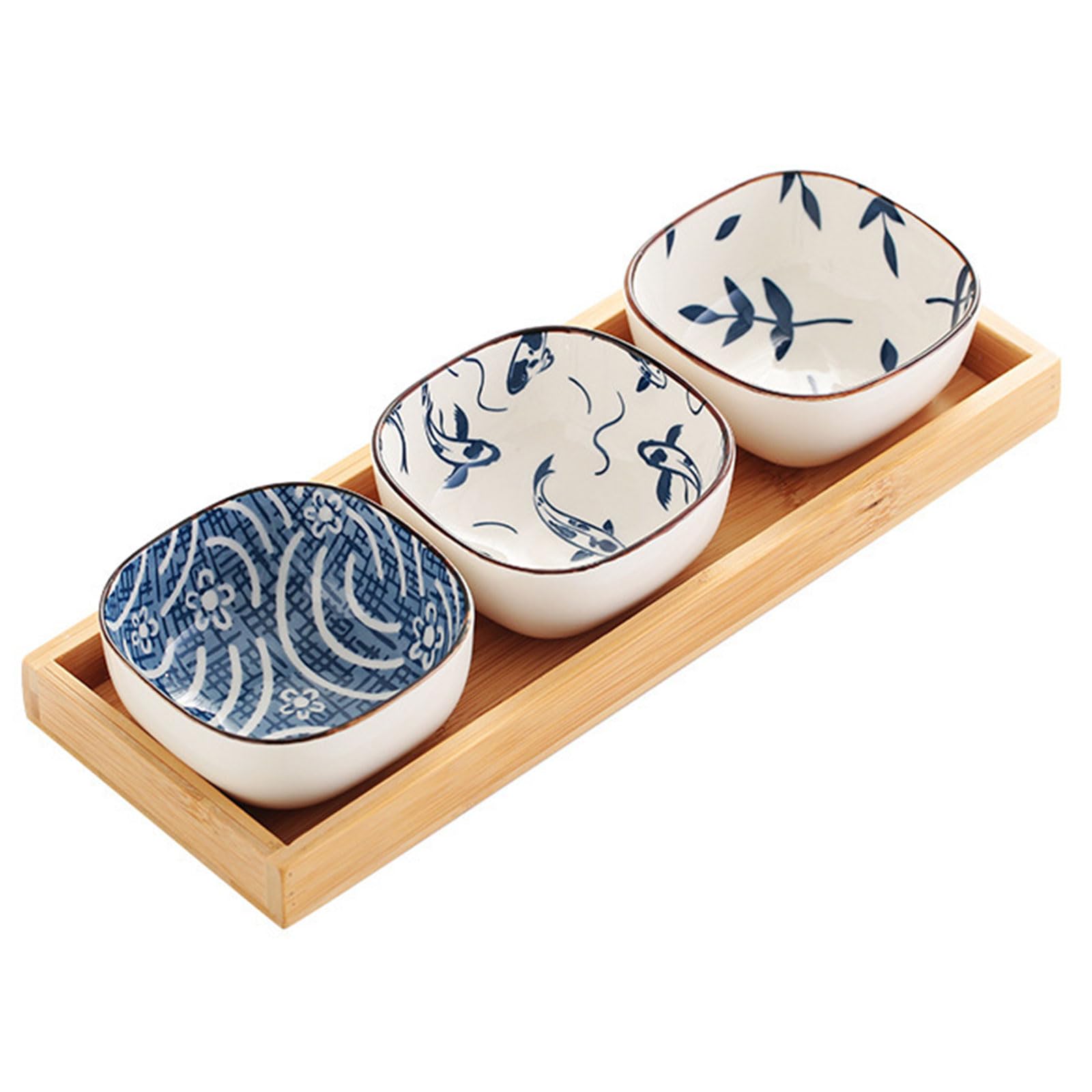 Dxcaicc One Color Snack Bowl, Dip Bowl, Ceramic Mini Dipping Bowl With Wooden Serving Tray Set, Condiment Tray, Detachable Plate, Vintage Side Dish For Appetizers, Barbecue,A