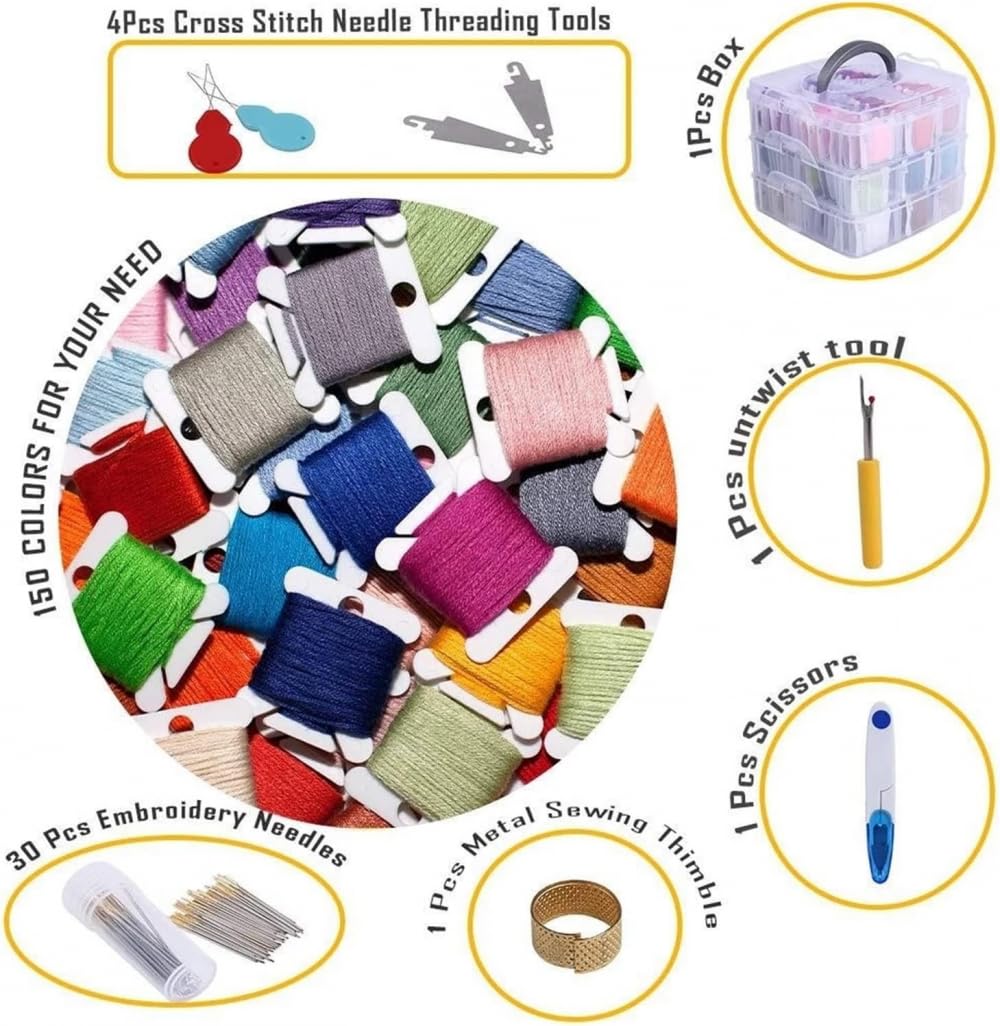 Juego de hilos de bordado de alta tenacidad, 150 colores, hilo de coser con cubos de hilo y tijeras, caja de herramientas