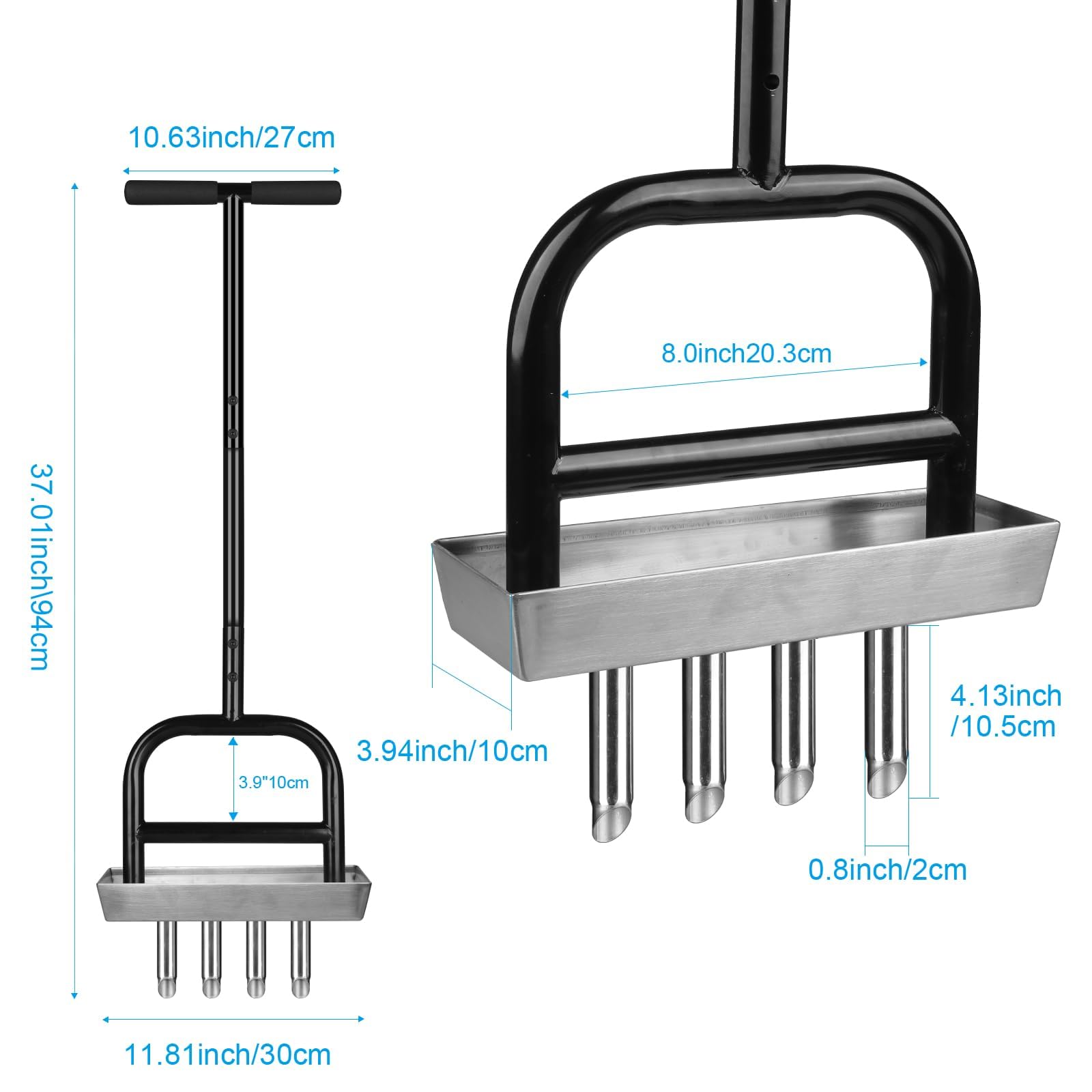 Handbetriebener Rasenlüfter mit 4 Dornen & Auffangschale – Hebel-System für müheloses Lüften, T-Griff & rostfreie Stahldorne für Rasen & Garten