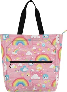 Kids Book Tote for Kids Boys Girls, Pixal Peach Pattern Rainbow Waterproof Reusable Grocery Beach Bag with Zipper for School Shopping Beach