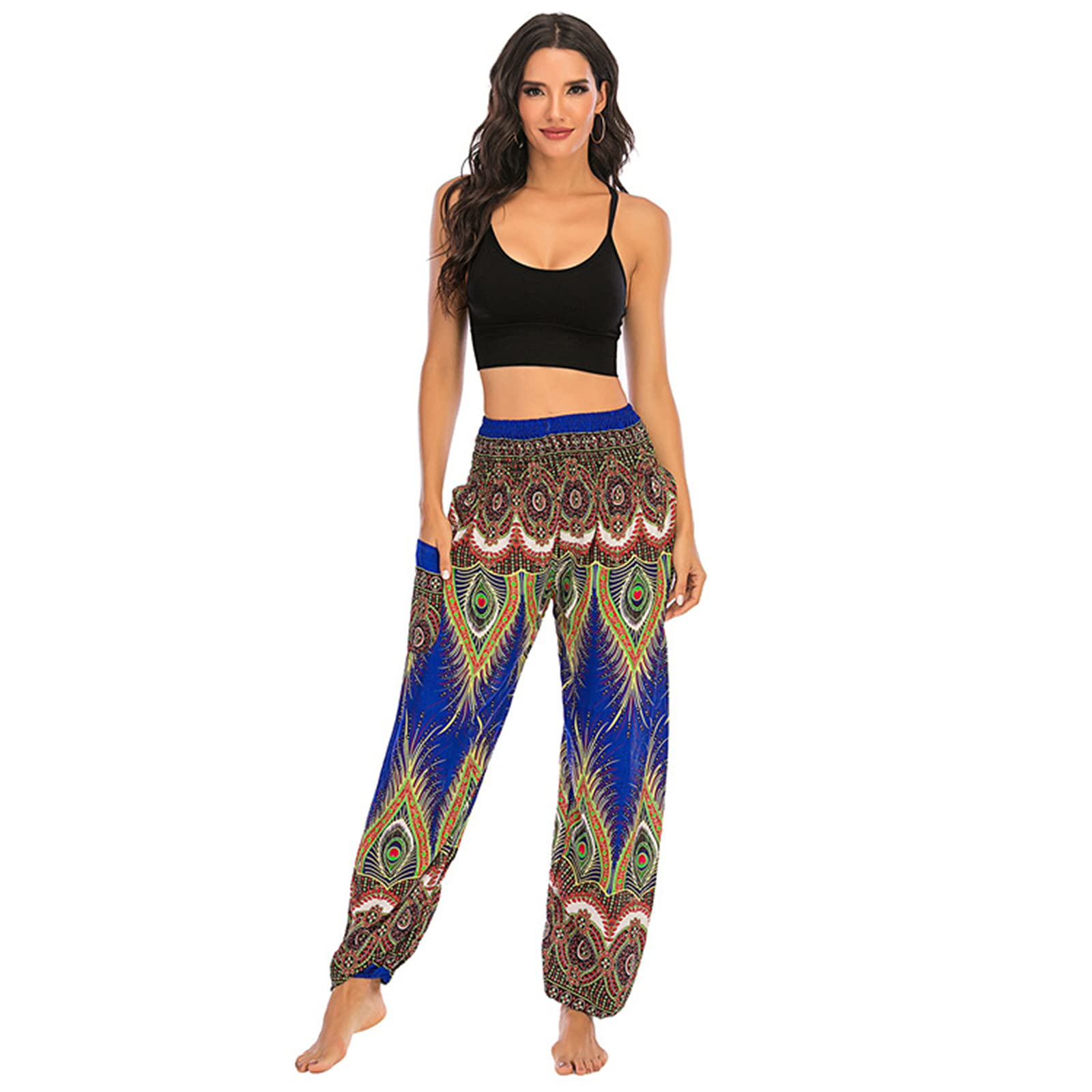 Keephen Women's #2004 Baggy Thai Fisherman Yoga Pants Peacock Feather Pattern High Waist Trousers Holiday Harem Hippie Trousers