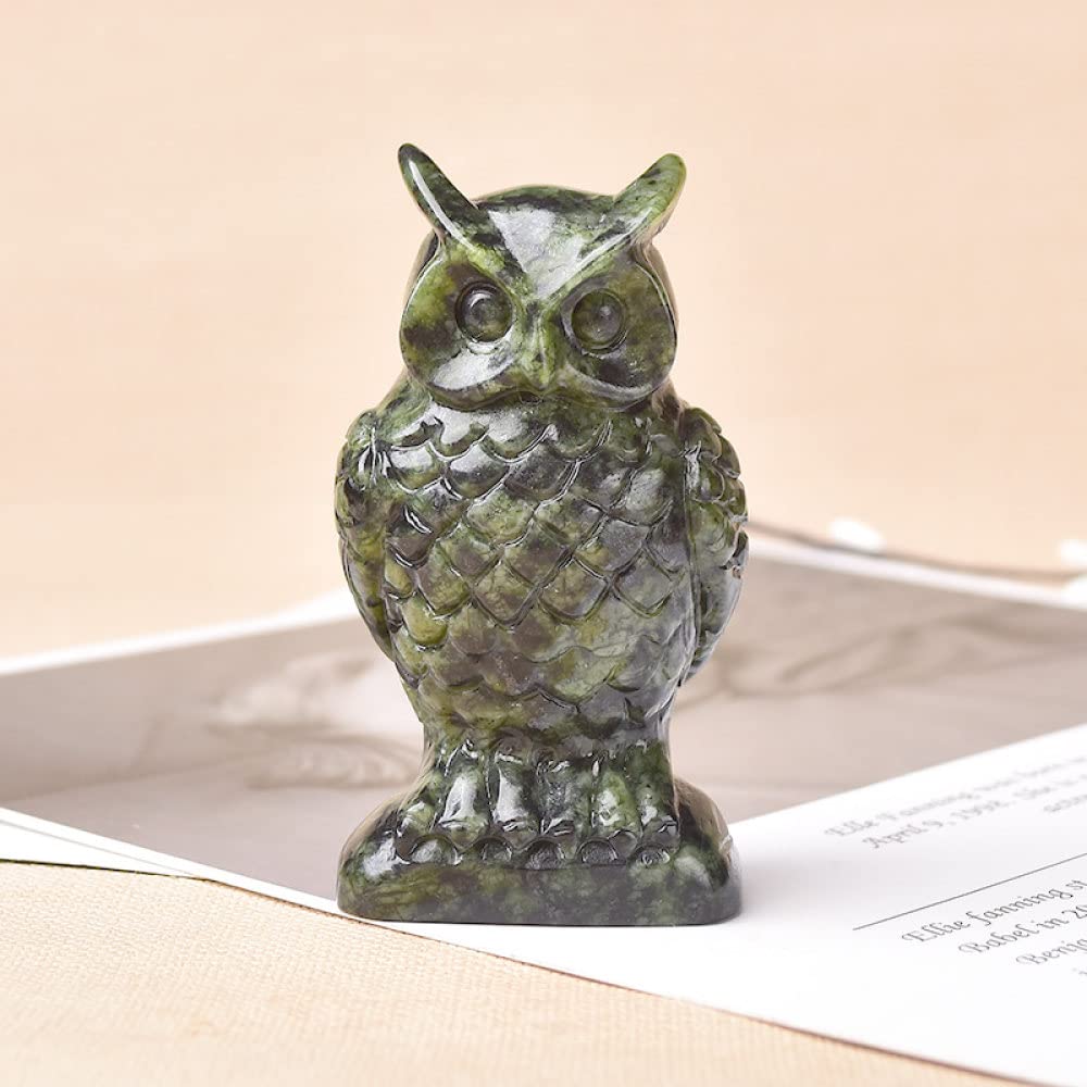Hibou en épidote naturelle sculpté à la main pour décoration en cristal unique