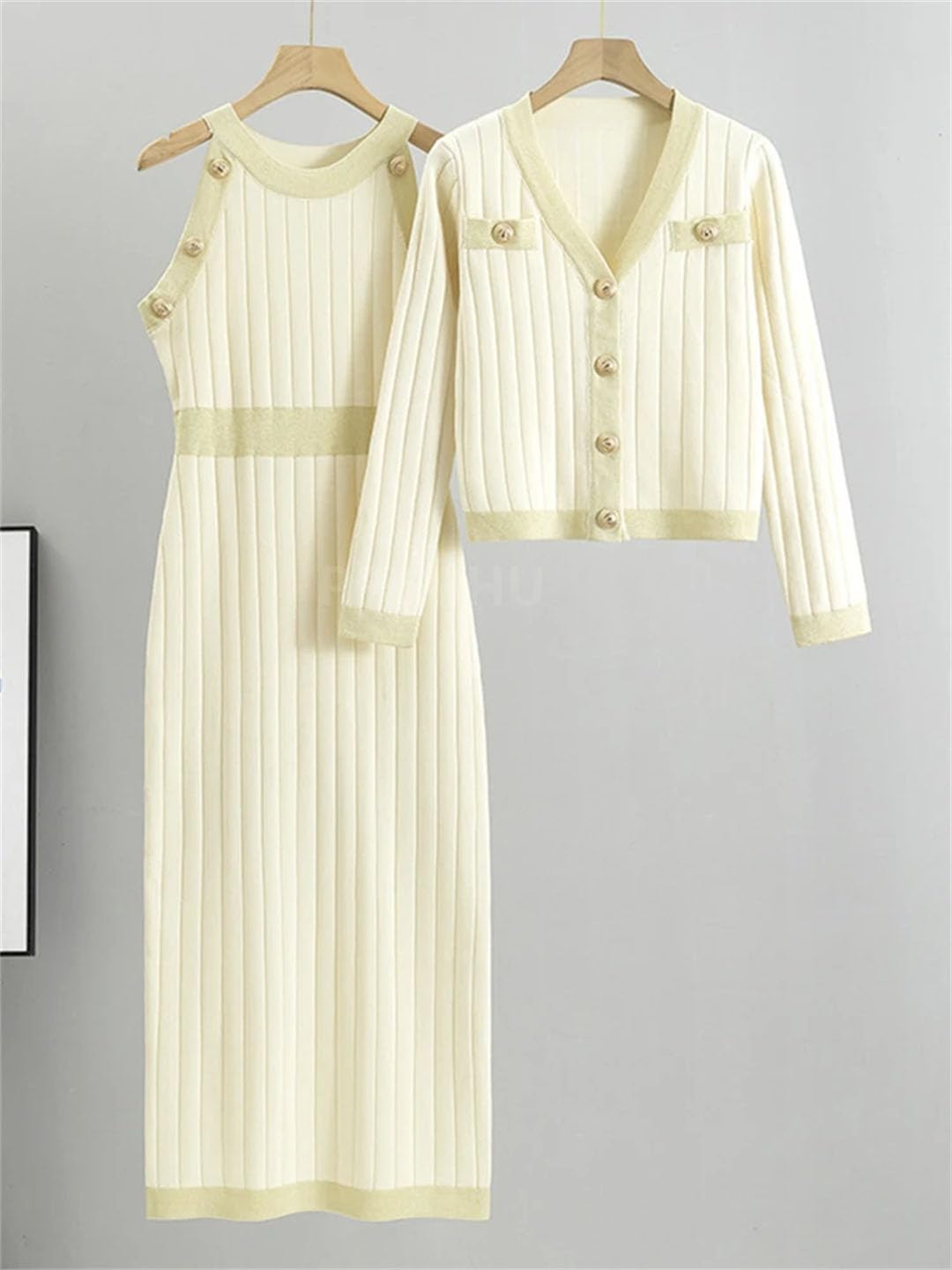 Vestiti aderenti da donna in maglia, set da 2 pezzi, con scollo a V, maglione corto, cardigan conjunto chic sexy canotta slim maxi abiti