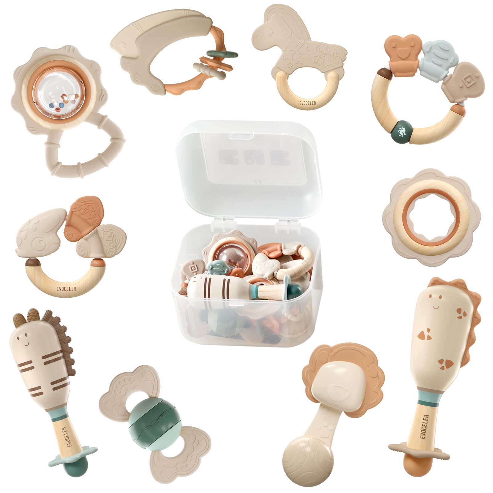 Evoceler Baby Toys 0-6 Months, 10pcs Newborn Toys Baby Rattle Teething Sensory Toys with Storage Box, Newborn Essentials for Baby Infant Girl Boy