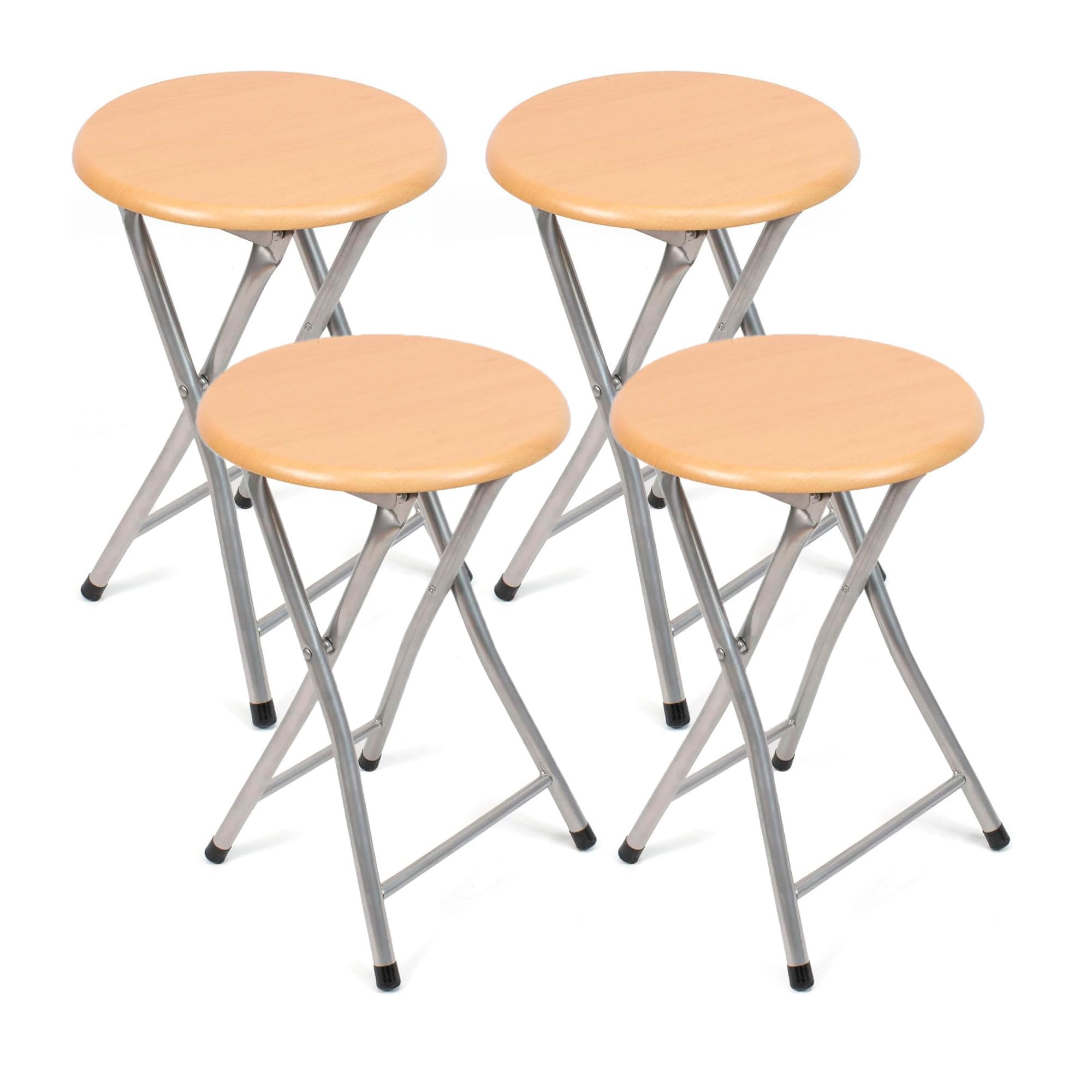 THE SECRET HOME - Pack of 4 Folding Stools in Wood and Metal – Height 45 x Ø30 cm – Stool without Backrest – Ideal for Kitchen, Terrace or Garden – Natural Wood Colour