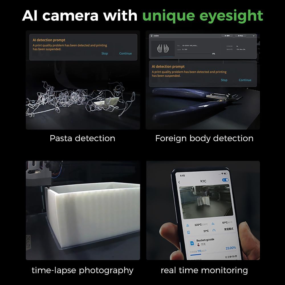 Creality K1C 3D Printer, High-Speed 600mm/s Printing, Clog-Free Direct Drive Extruder, 300°C Carbon Fiber Compatible, Smart Auto-Leveling, AI-Powered Remote Monitoring, Rapid Prototyping Machine