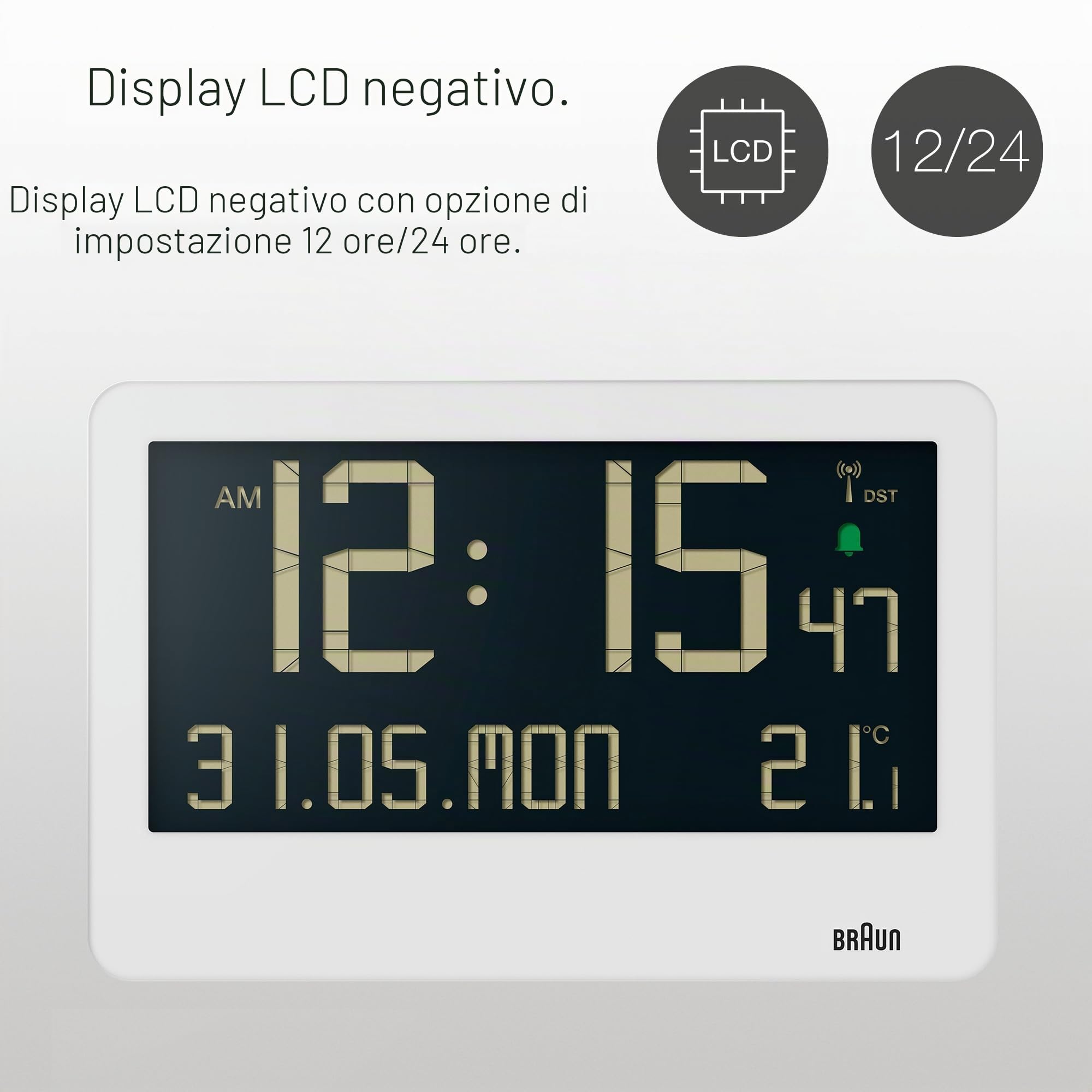 Braun Orologio da Parete Digitale Radiocontrollato con Ora dell'Europa Centrale (DCF) con Temperatura, Data, Giorno, Ampio Display LCD Reverso, Allarme Acustico Crescendo in Bianco, Modello BC14W-DCF