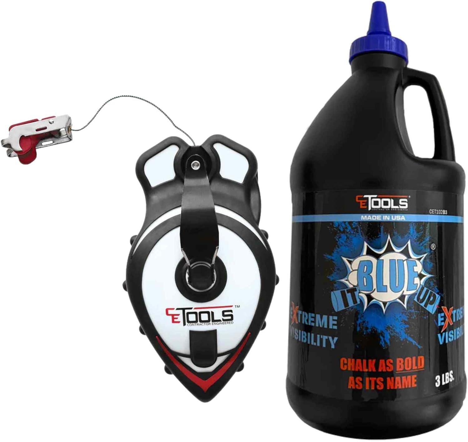 CE TOOLS COMBO SnapBack® Chalk Line with Releasable Tip 3LB Blue It Up EXTREME VISIBILITY Marking Chalk-Made in US, For Chalkline, Job site Chalk, Hydrophobic, Construction use.