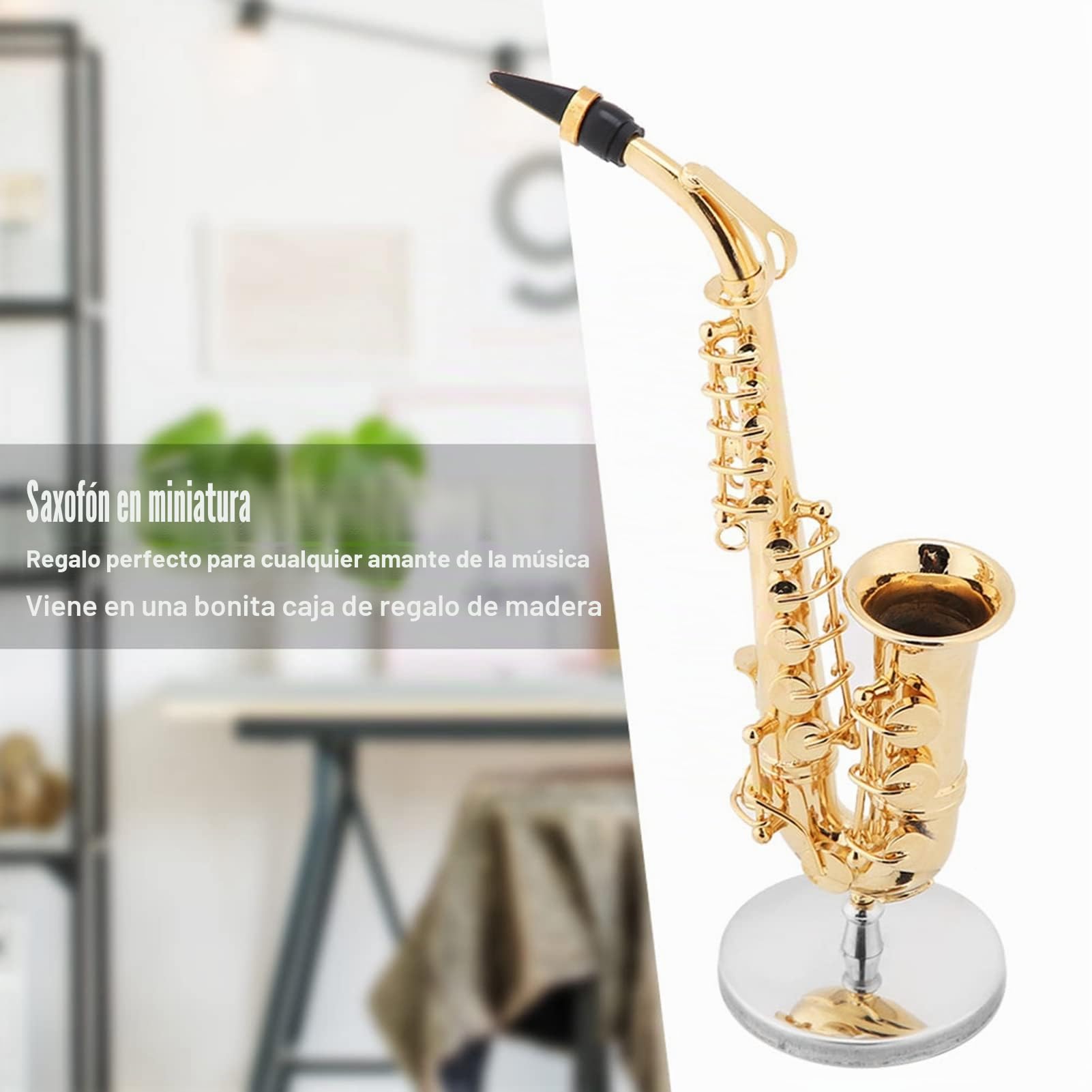 Réplica Saxofón Alto Miniatura Chapada en Oro, Soporte y Estuche Incluidos, Modelo Instrumento Musical para Colección o Regalo, Decoración Grado Superior