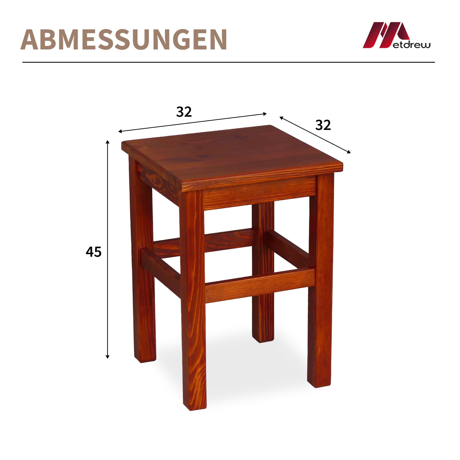 Holzhocker | Holzhocker 32 x 32 x 45 cm | Küchenhocker | Quadratischer Hocker | Rustikaler Stil | Einfacher Hocker | Holzschemel | Farbe: Calvados-Farbe gebeizt | 2 Stück