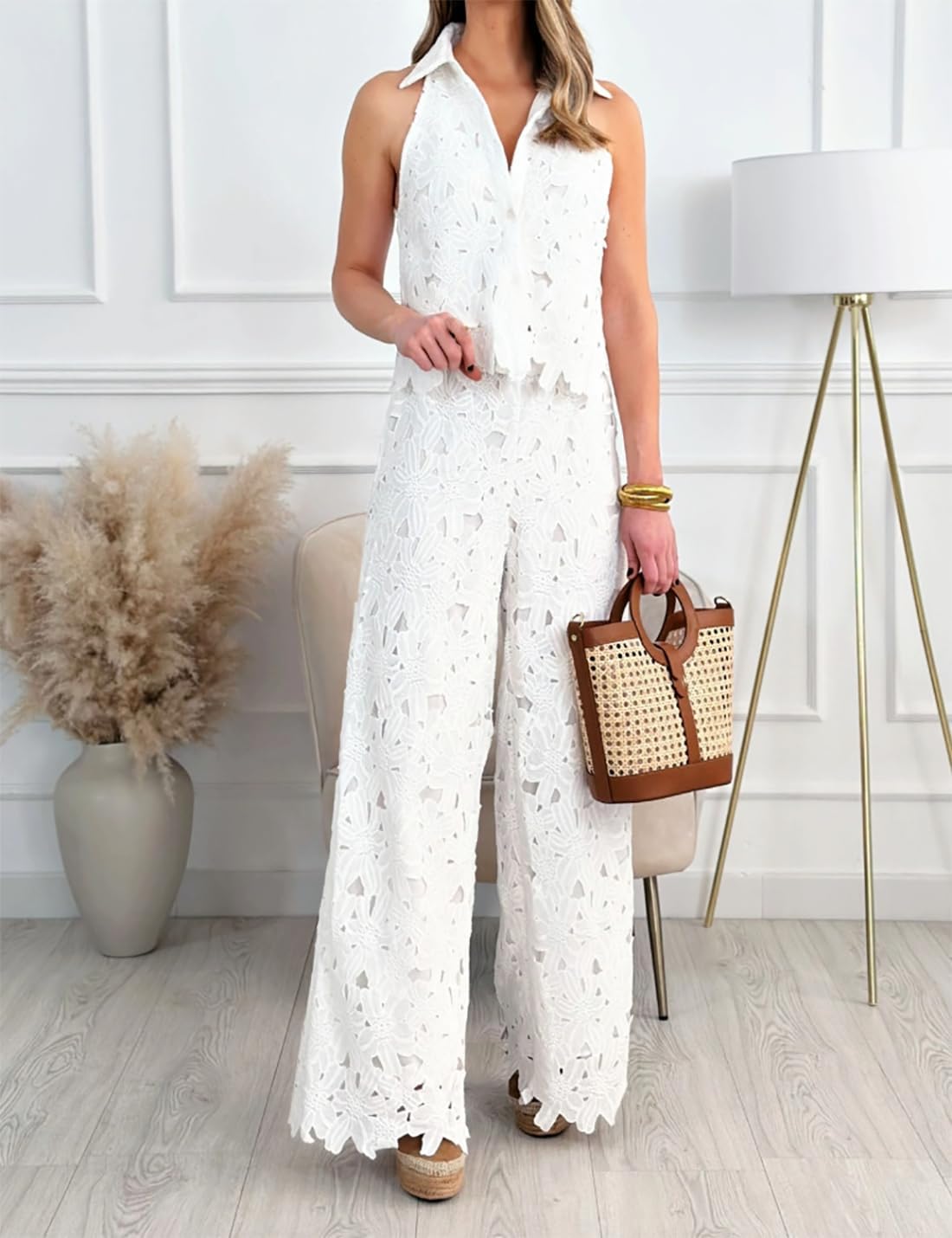 Hollow Out Lace Set, Women's Sleeveless Lapel Button Down Crop Top and Wide Leg Pants Two Piece Set, Womens Beach Clothes.